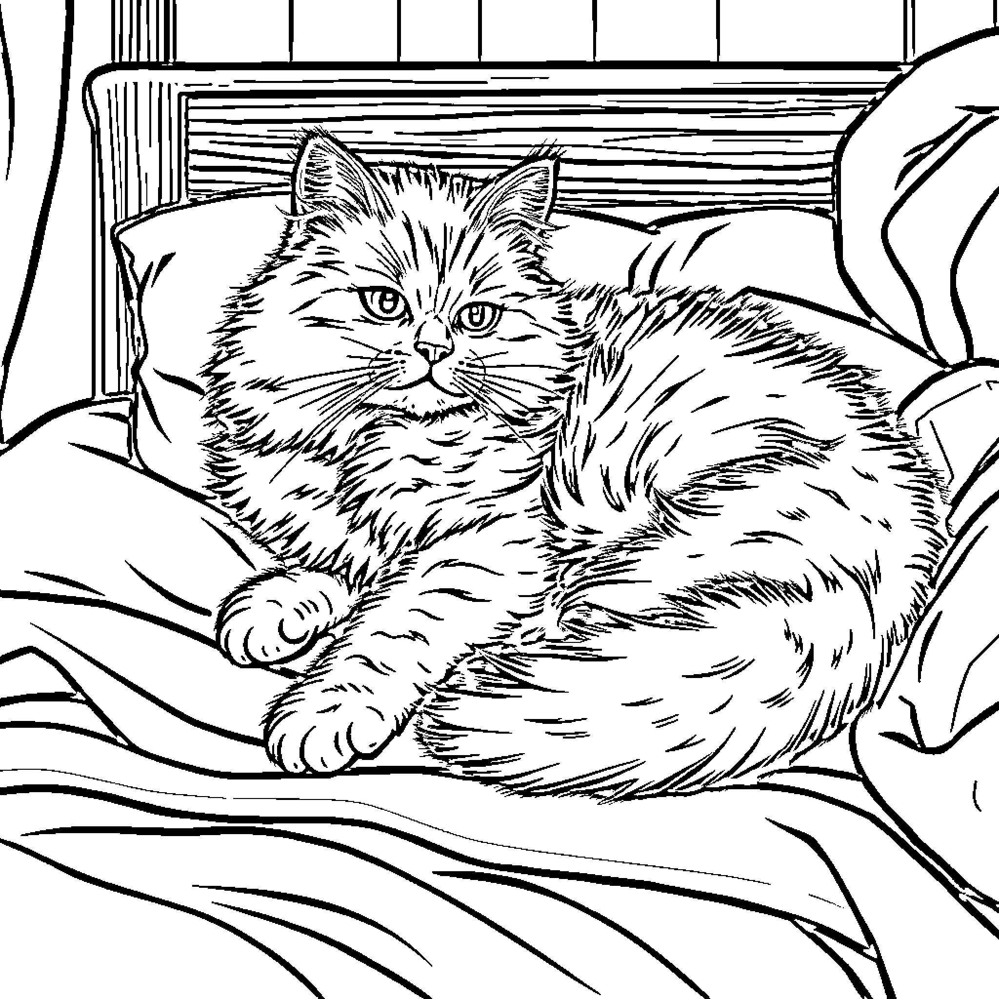 Cat resting comfortably on a couch Coloring Page (free black-and-white line drawing printable PDF for all, from beginners to advanced learners, including children, teens, adults, and seniors)
