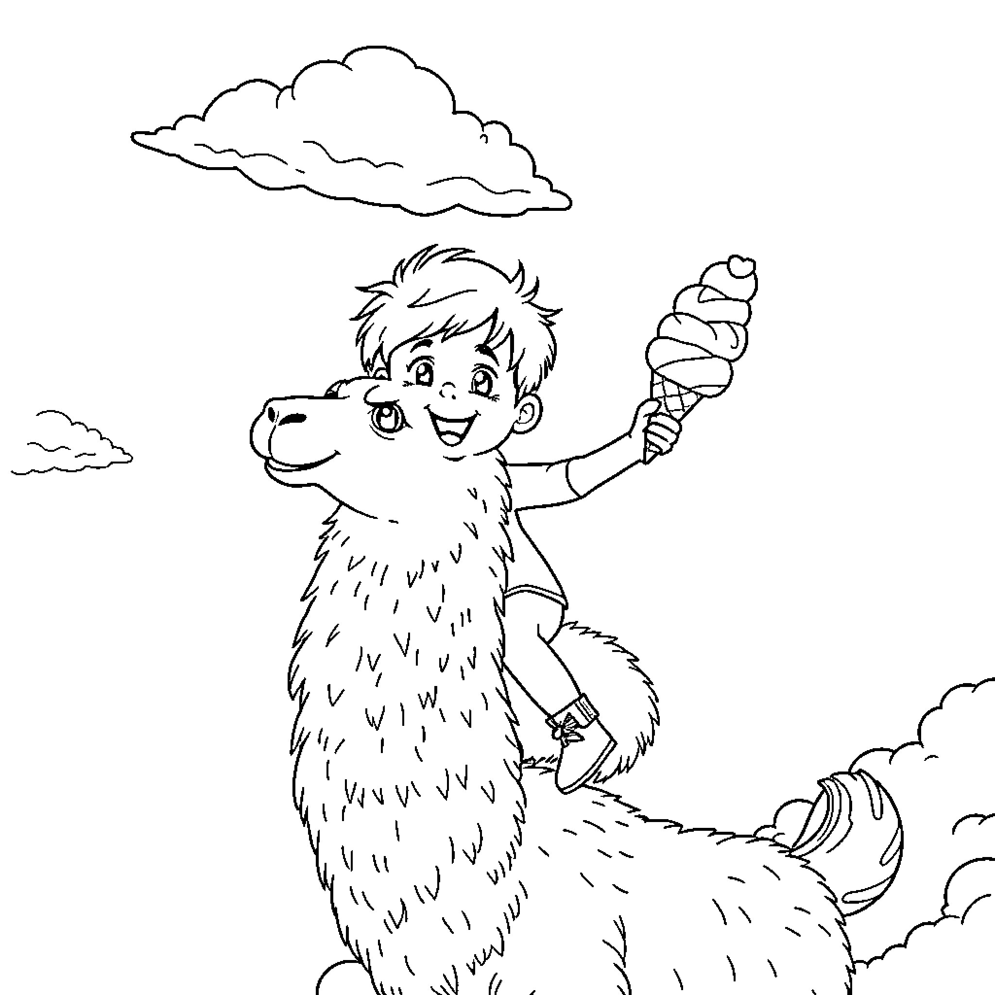 Boy enjoying ice cream on a llama Coloring Page (free black-and-white line drawing printable PDF for all, from beginners to advanced learners, including children, teens, adults, and seniors)