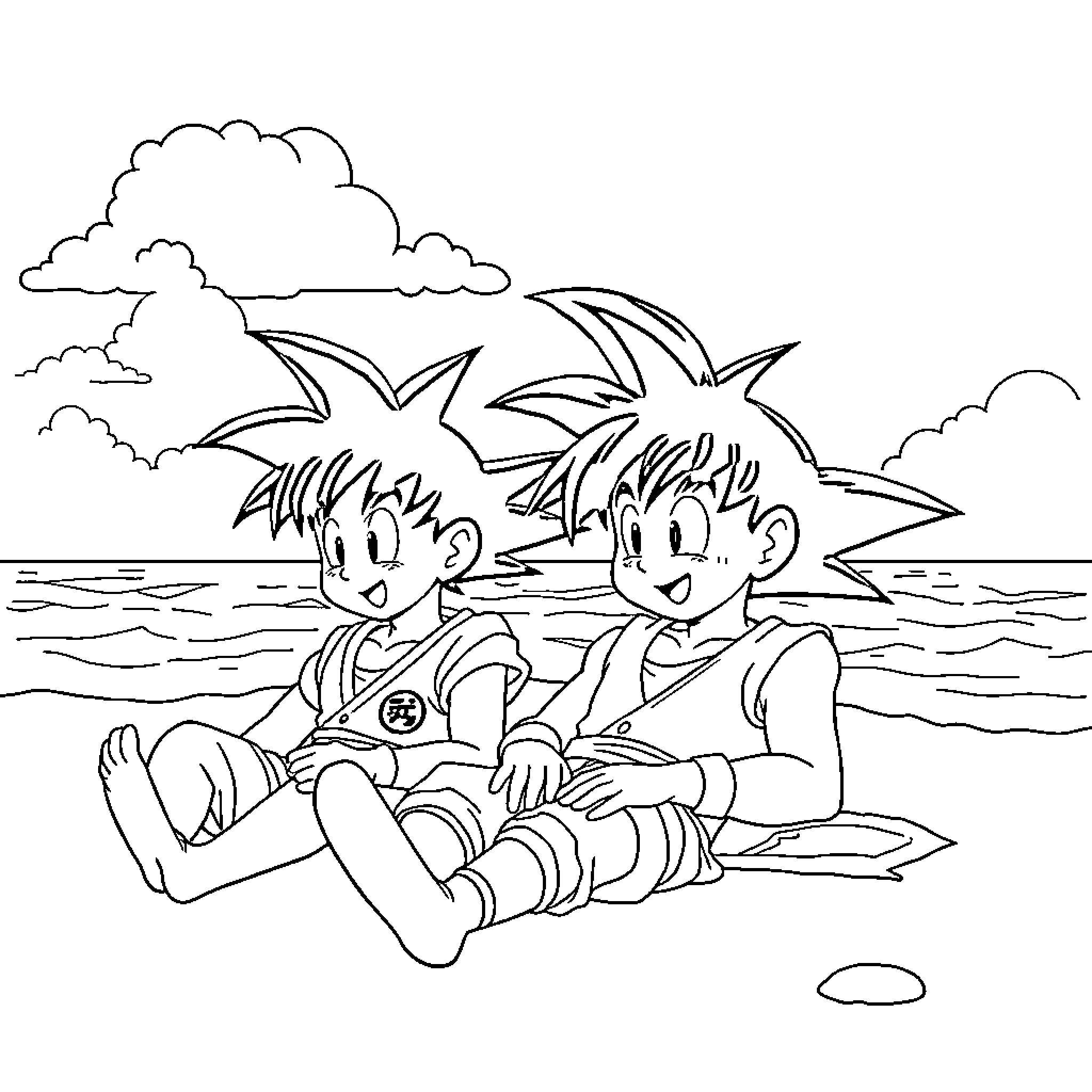 Deku friends relaxing at the beach Coloring Page (free black-and-white line drawing printable PDF for all, from beginners to advanced learners, including children, teens, adults, and seniors)