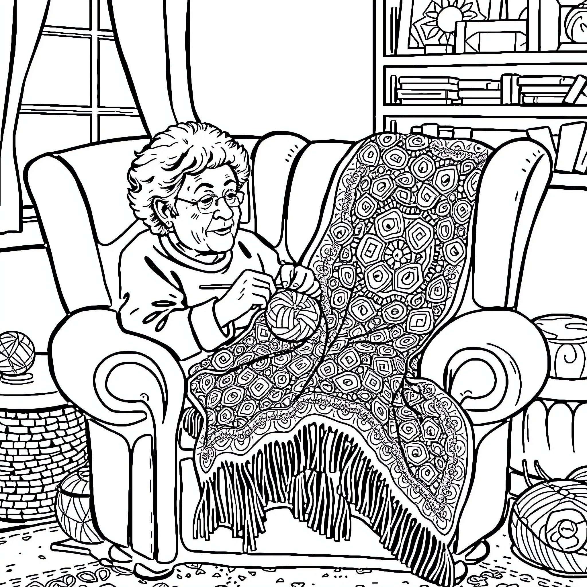 Grandma Relaxing with Her Knitting Project Coloring Page (free black-and-white line drawing printable PDF for all, from beginners to advanced learners, including children, teens, adults, and seniors)