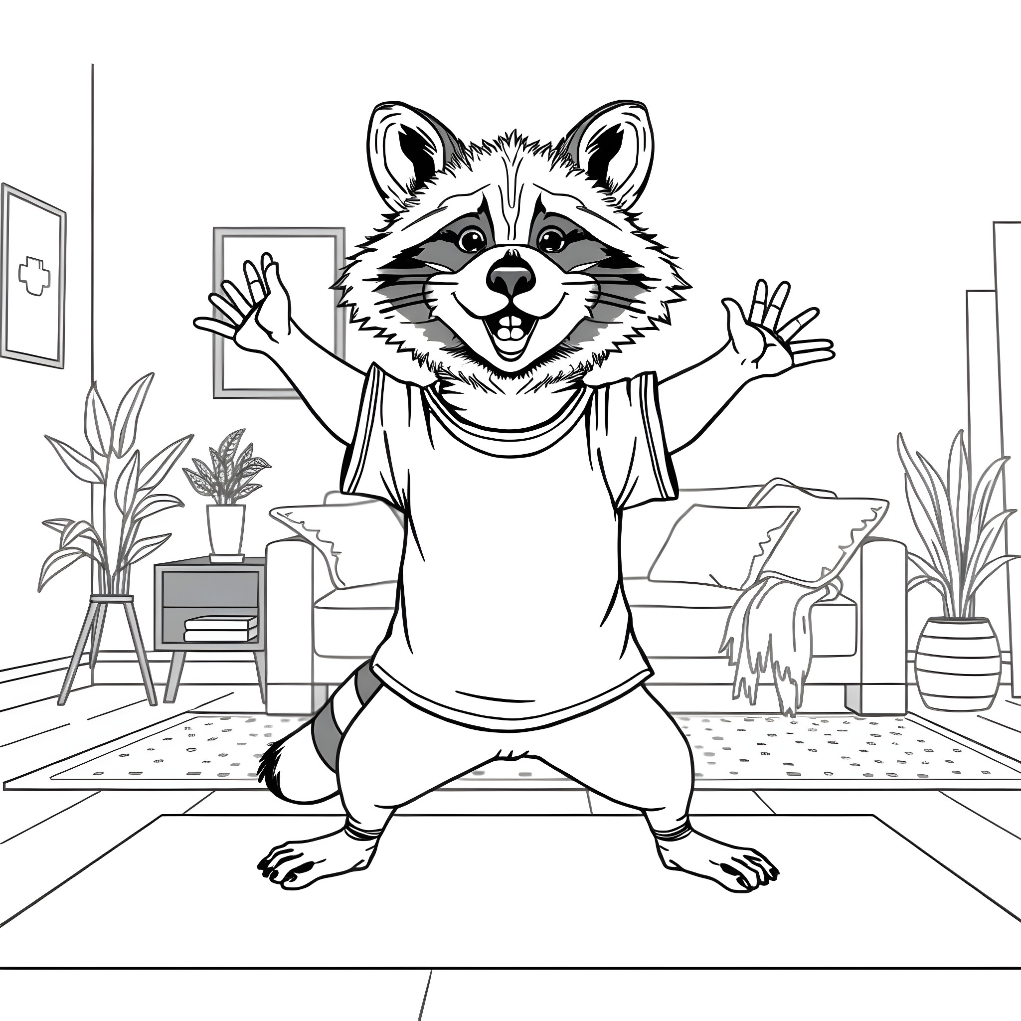 Raccoon expressing excitement in a living room setting Coloring Page (free black-and-white line drawing printable PDF for all, from beginners to advanced learners, including children, teens, adults, and seniors)