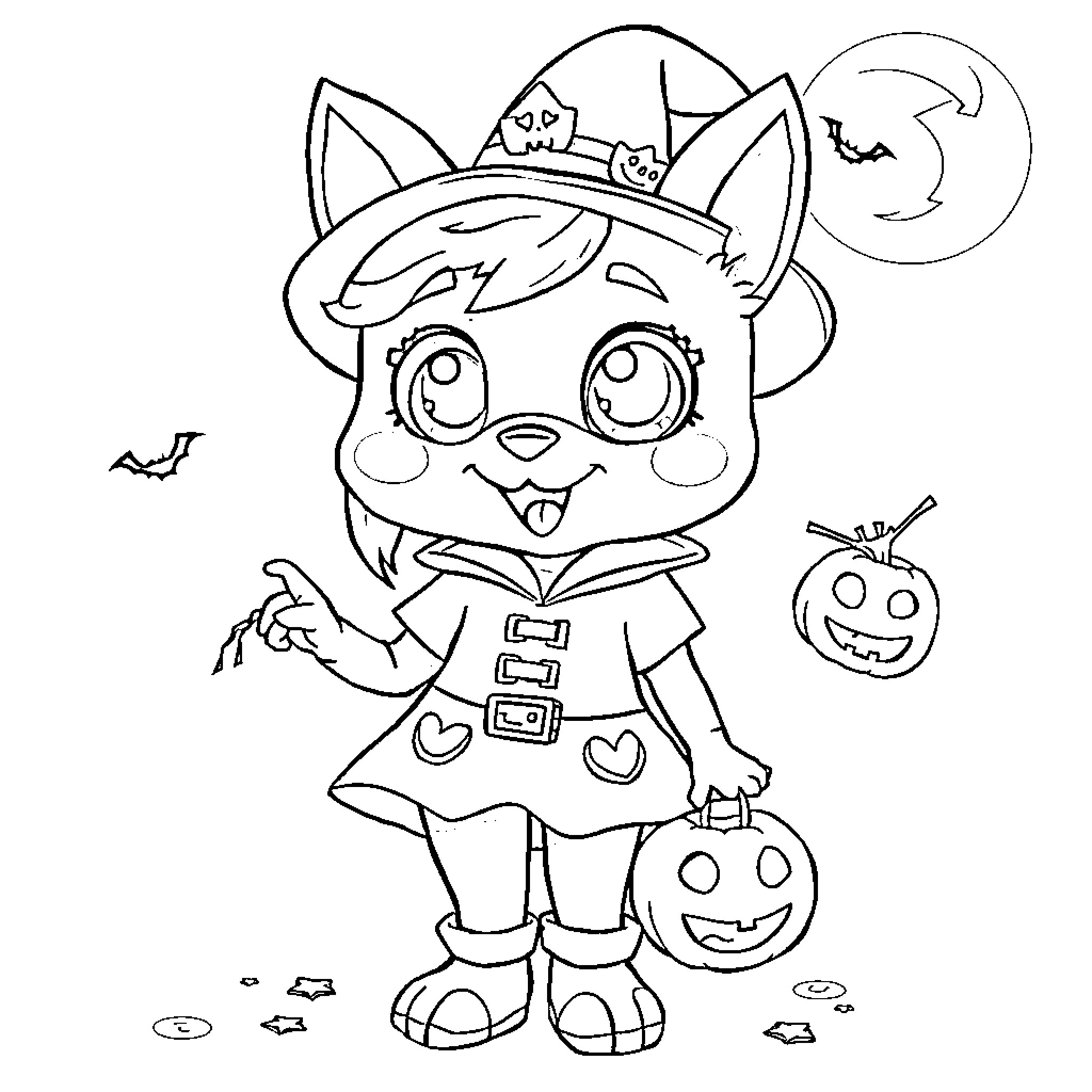 Coco the Costumed Cutie Celebrates Halloween Coloring Page (free black-and-white line drawing printable PDF for all, from beginners to advanced learners, including children, teens, adults, and seniors)