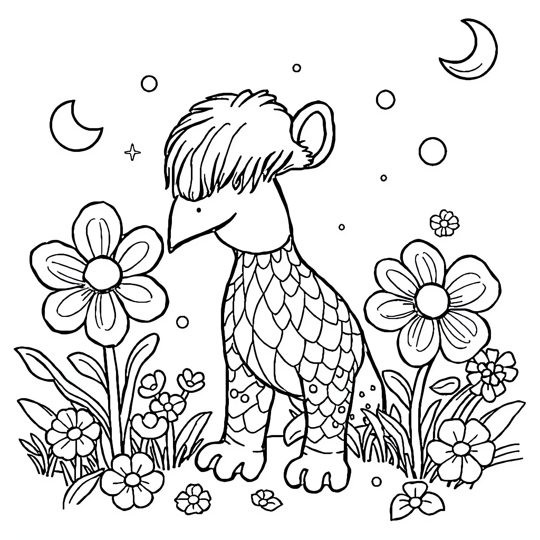 Image of a cartoon bird in a flower garden Coloring Page (free black-and-white line drawing printable PDF for all, from beginners to advanced learners, including children, teens, adults, and seniors)