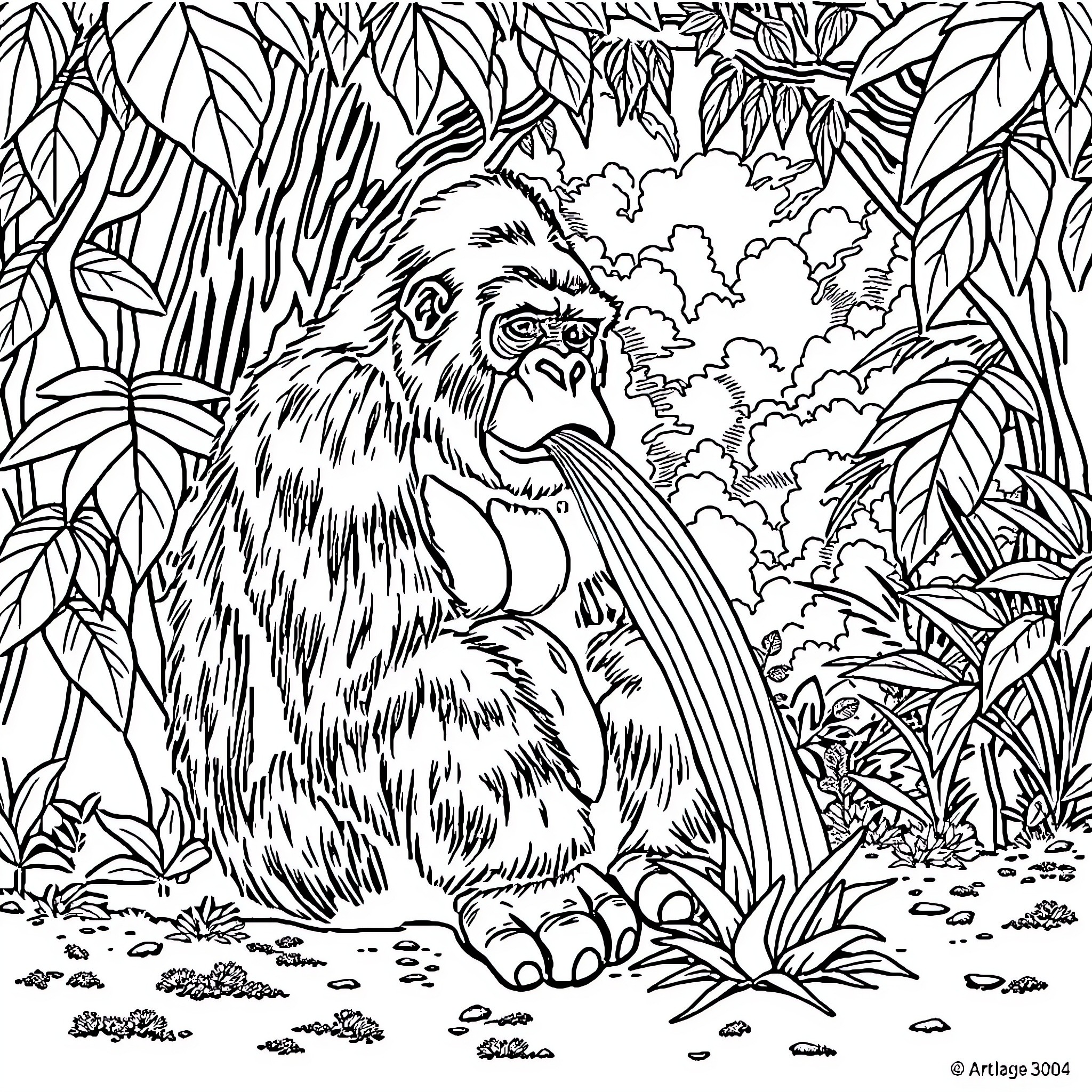 Gorilla in Lush Jungle Habitat Coloring Page (free black-and-white line drawing printable PDF for all, from beginners to advanced learners, including children, teens, adults, and seniors)