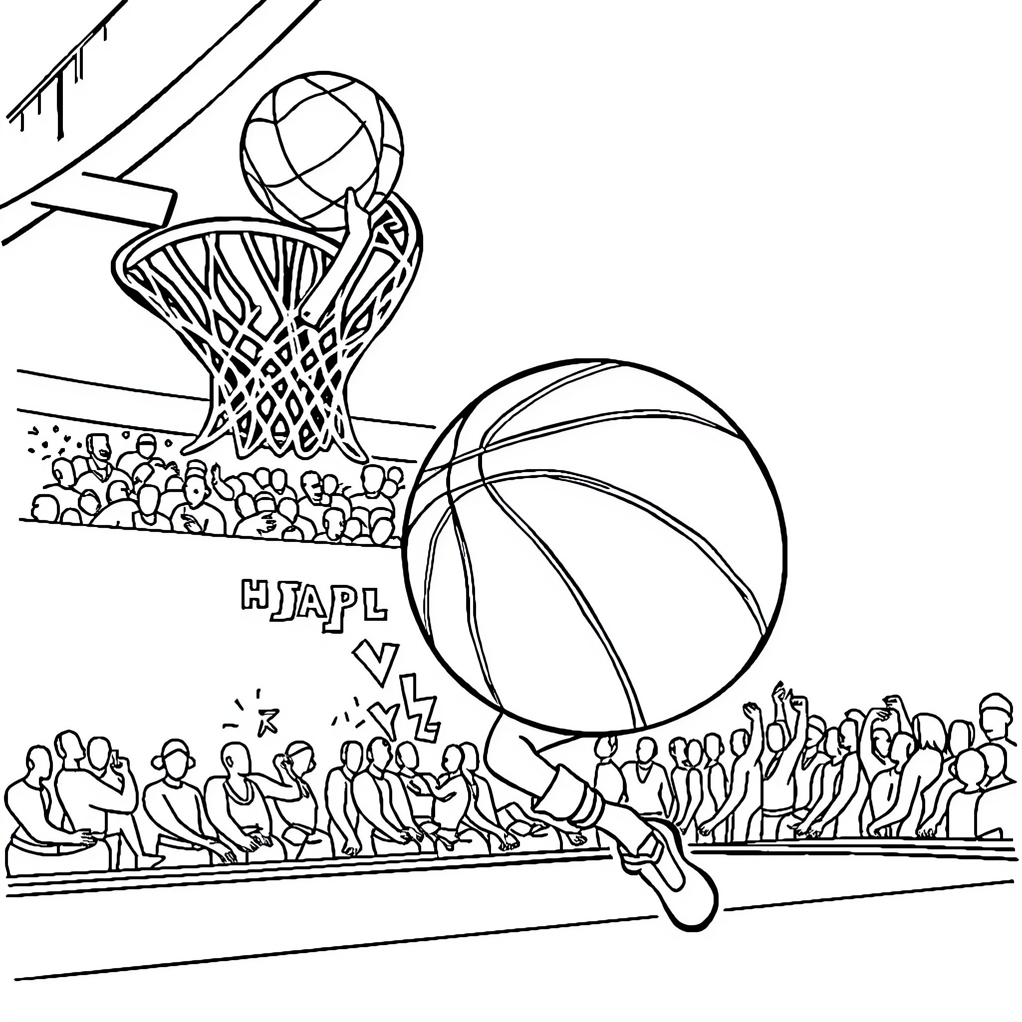 Book of Basketball Players on the Court Coloring Page (free black-and-white line drawing printable PDF for all, from beginners to advanced learners, including children, teens, adults, and seniors)