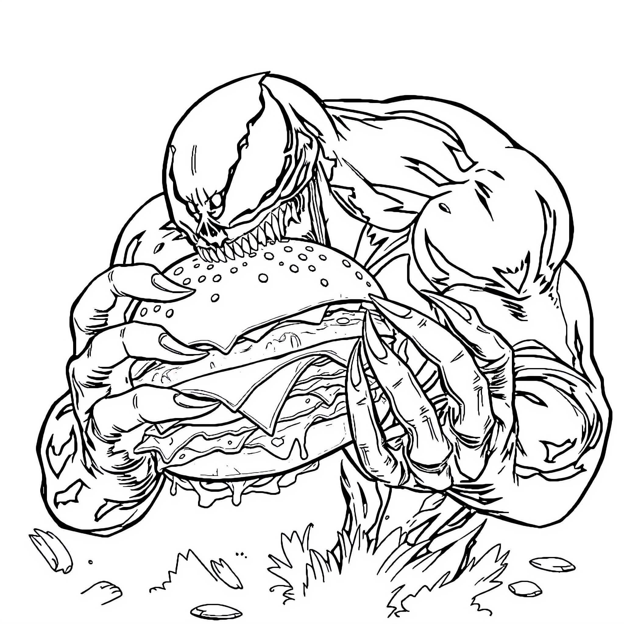 Venom devouring a massive hamburger Coloring Page (free black-and-white line drawing printable PDF for all, from beginners to advanced learners, including children, teens, adults, and seniors)