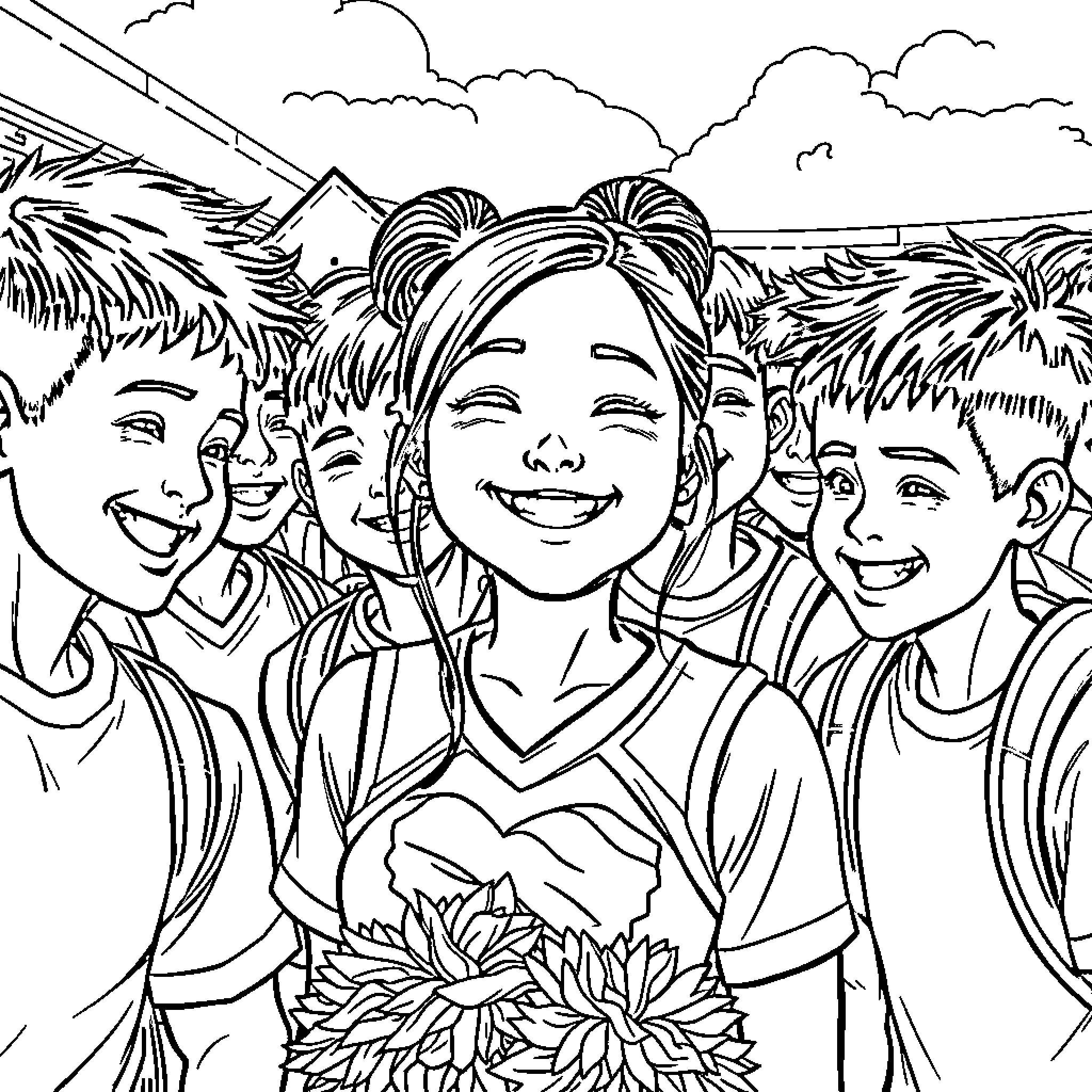 Cheerleaders celebrating with smiles and enthusiasm Coloring Page (free black-and-white line drawing printable PDF for all, from beginners to advanced learners, including children, teens, adults, and seniors)