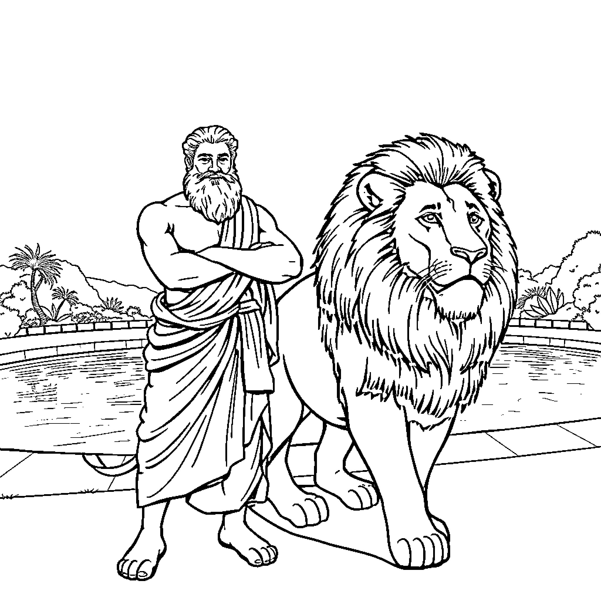 Thucydides contemplates a mighty lion Coloring Page (free black-and-white line drawing printable PDF for all, from beginners to advanced learners, including children, teens, adults, and seniors)
