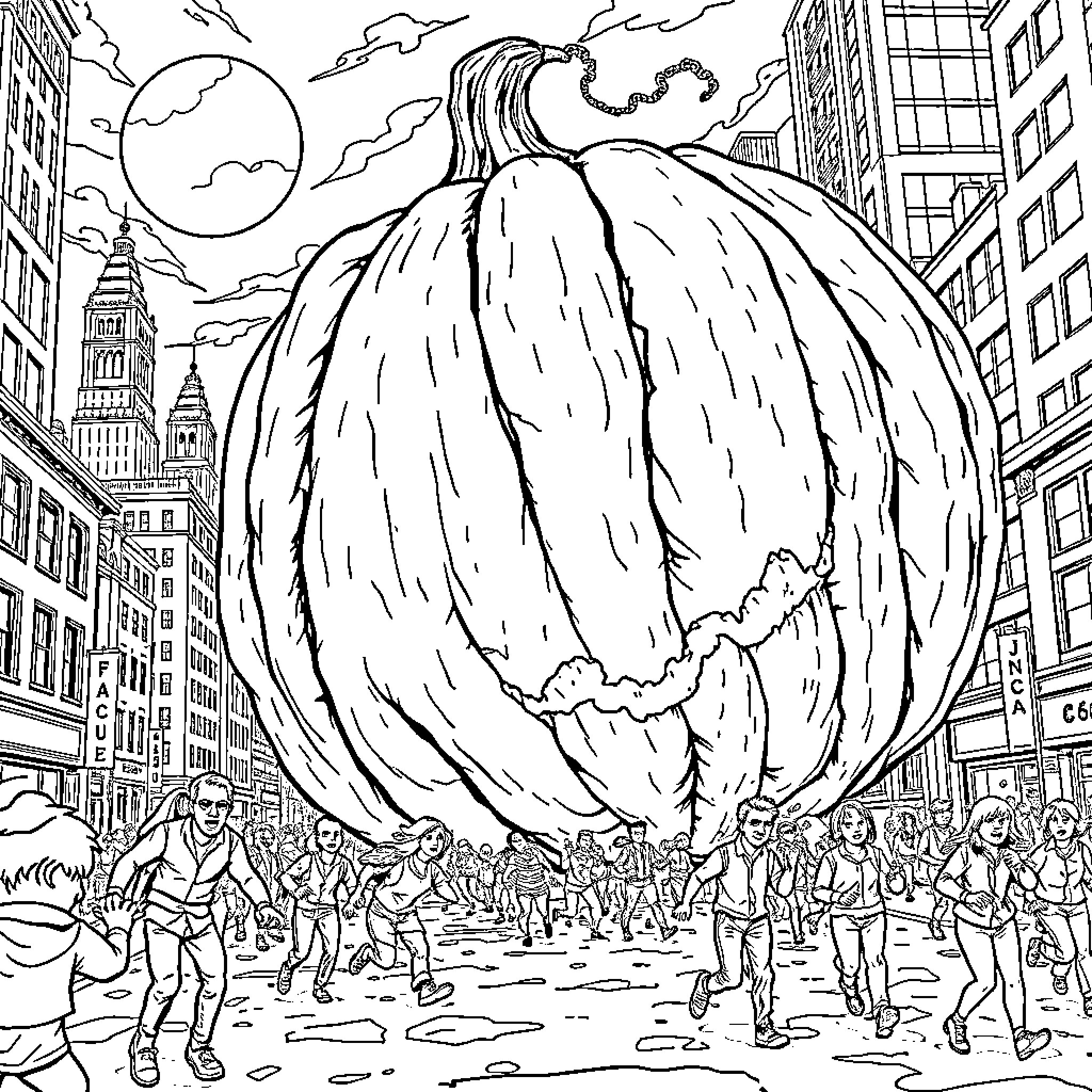 Pumpkin Floating Over a Bustling City Coloring Page (free black-and-white line drawing printable PDF for all, from beginners to advanced learners, including children, teens, adults, and seniors)