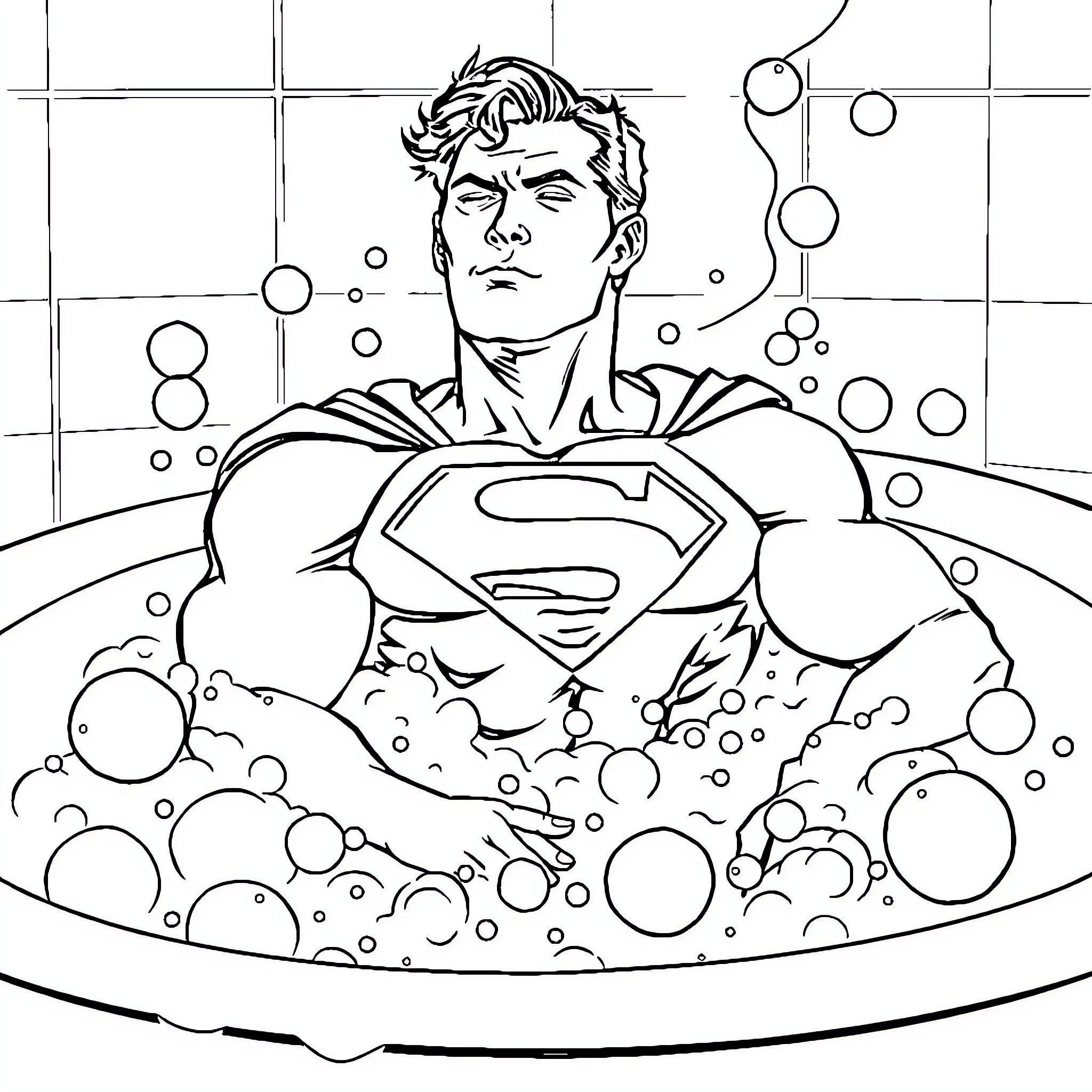 Superman soaring through the air in a bubble bath Coloring Page (free black-and-white line drawing printable PDF for all, from beginners to advanced learners, including children, teens, adults, and seniors)