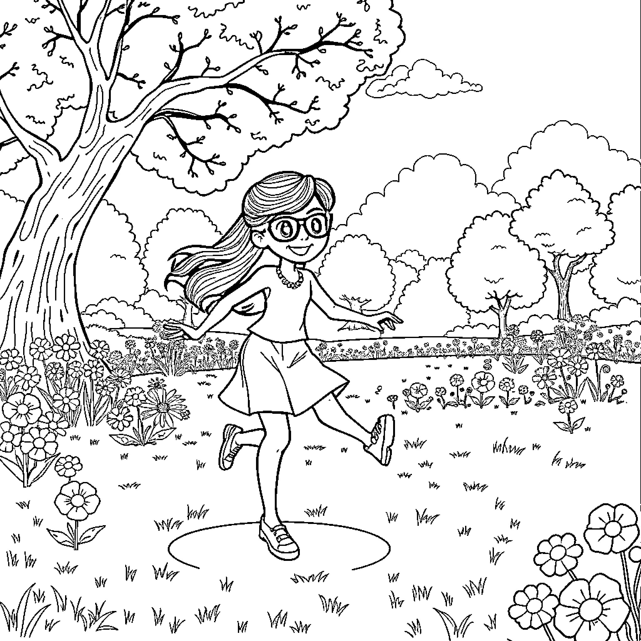 Anya Forger exploring the natural world with wonder Coloring Page (free black-and-white line drawing printable PDF for all, from beginners to advanced learners, including children, teens, adults, and seniors)