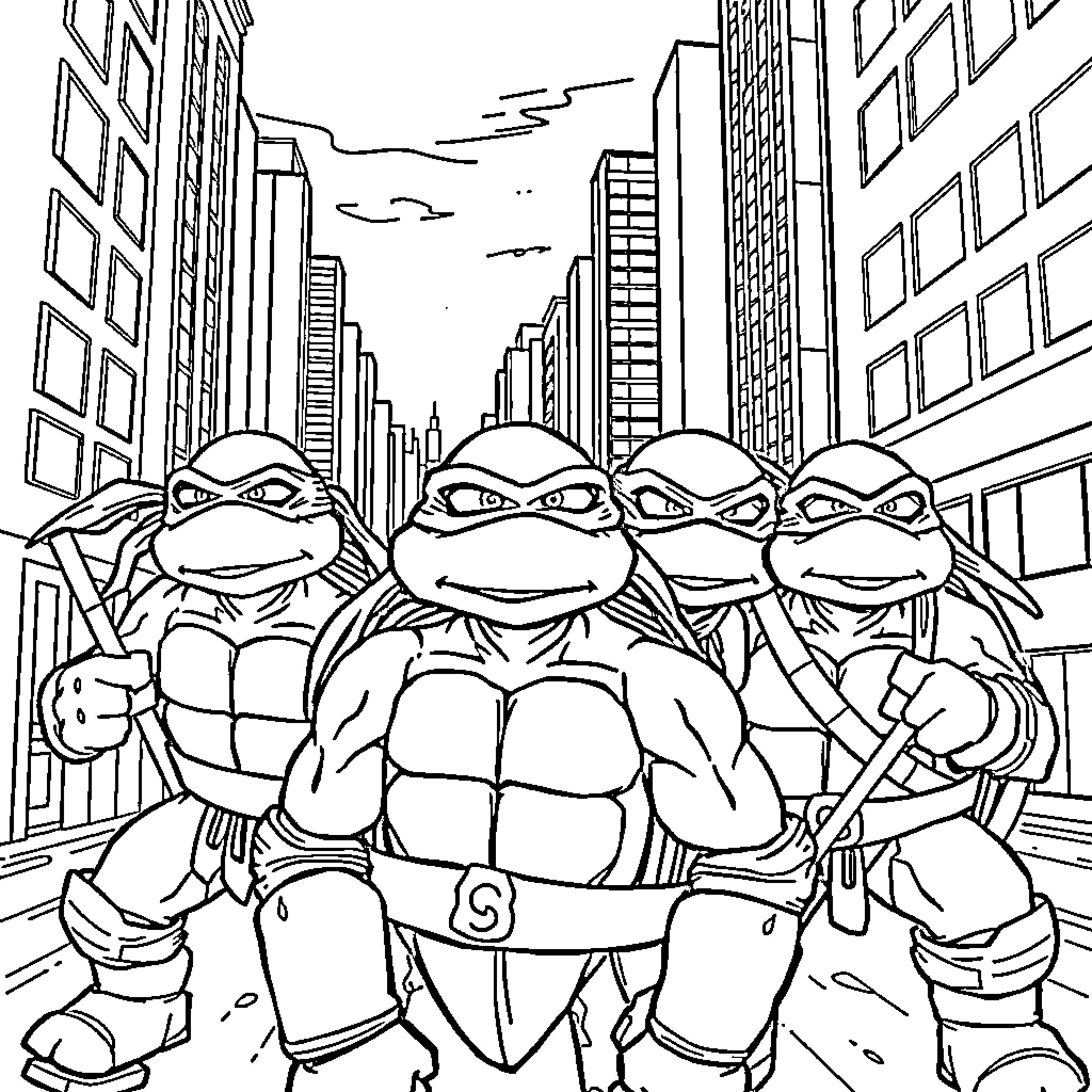 Ninja Turtles in action in the city Coloring Page (free black-and-white line drawing printable PDF for all, from beginners to advanced learners, including children, teens, adults, and seniors)