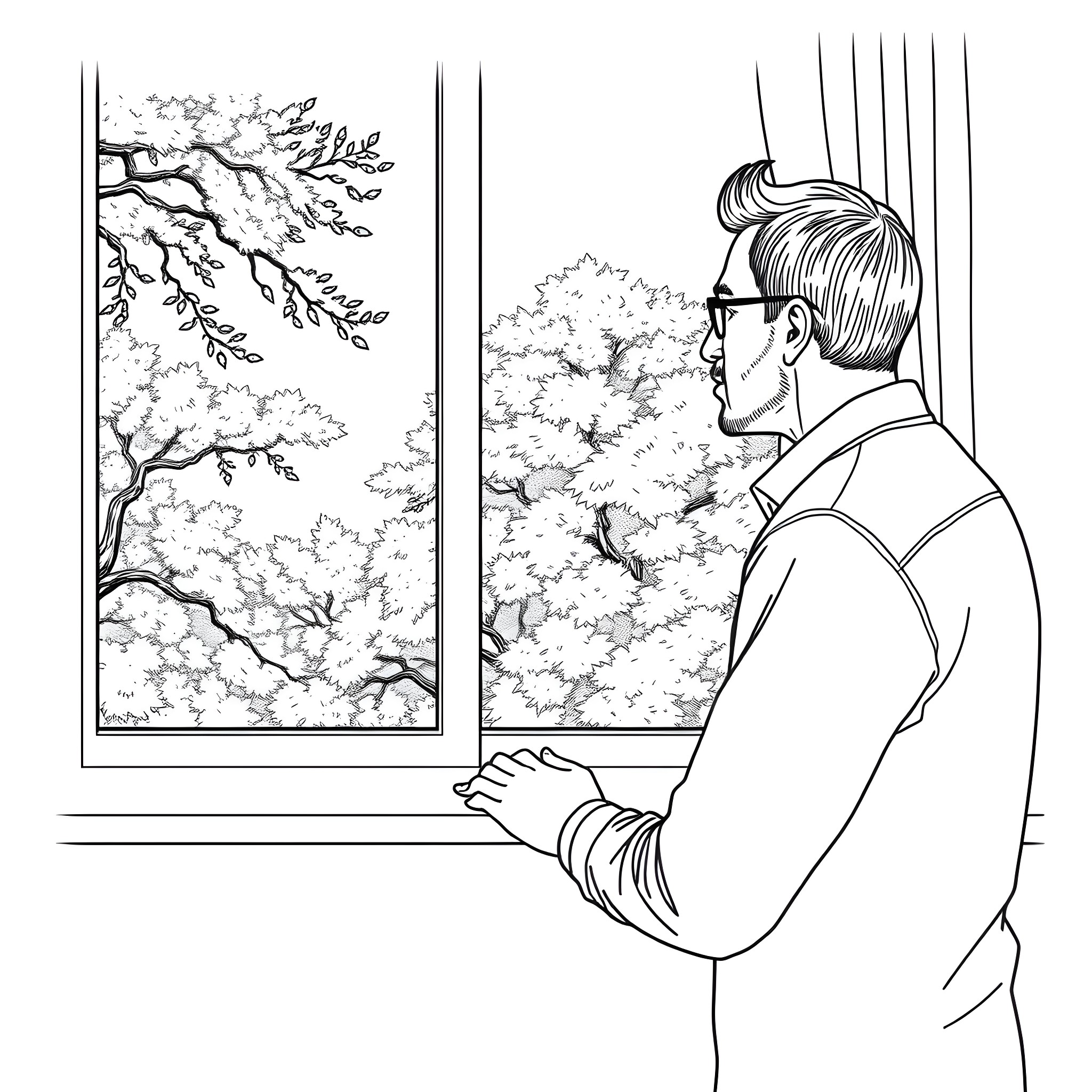 Guy admiring the view through the window Coloring Page (free black-and-white line drawing printable PDF for all, from beginners to advanced learners, including children, teens, adults, and seniors)