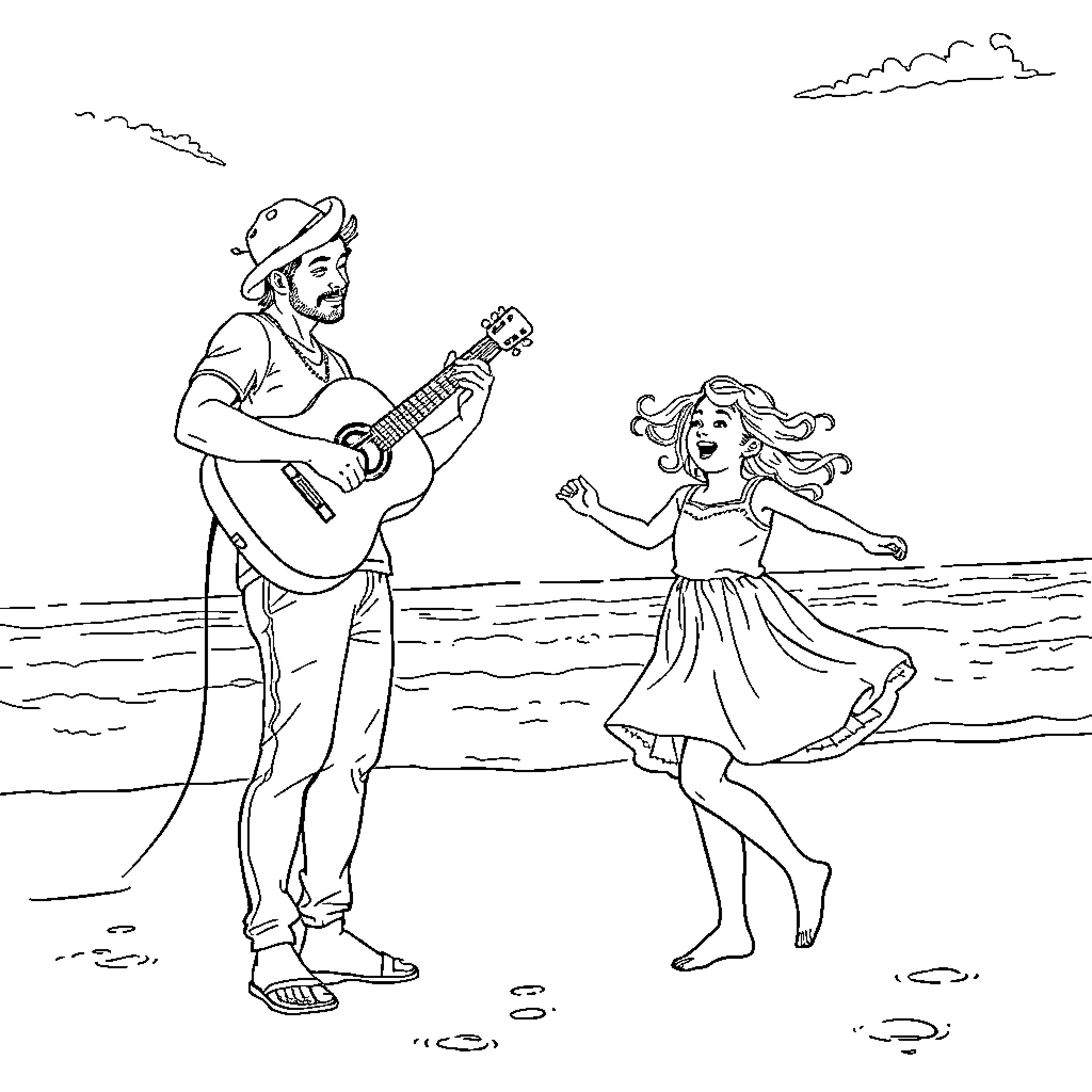 Guitarist playing for a dancing girl on the beach Coloring Page (free black-and-white line drawing printable PDF for all, from beginners to advanced learners, including children, teens, adults, and seniors)
