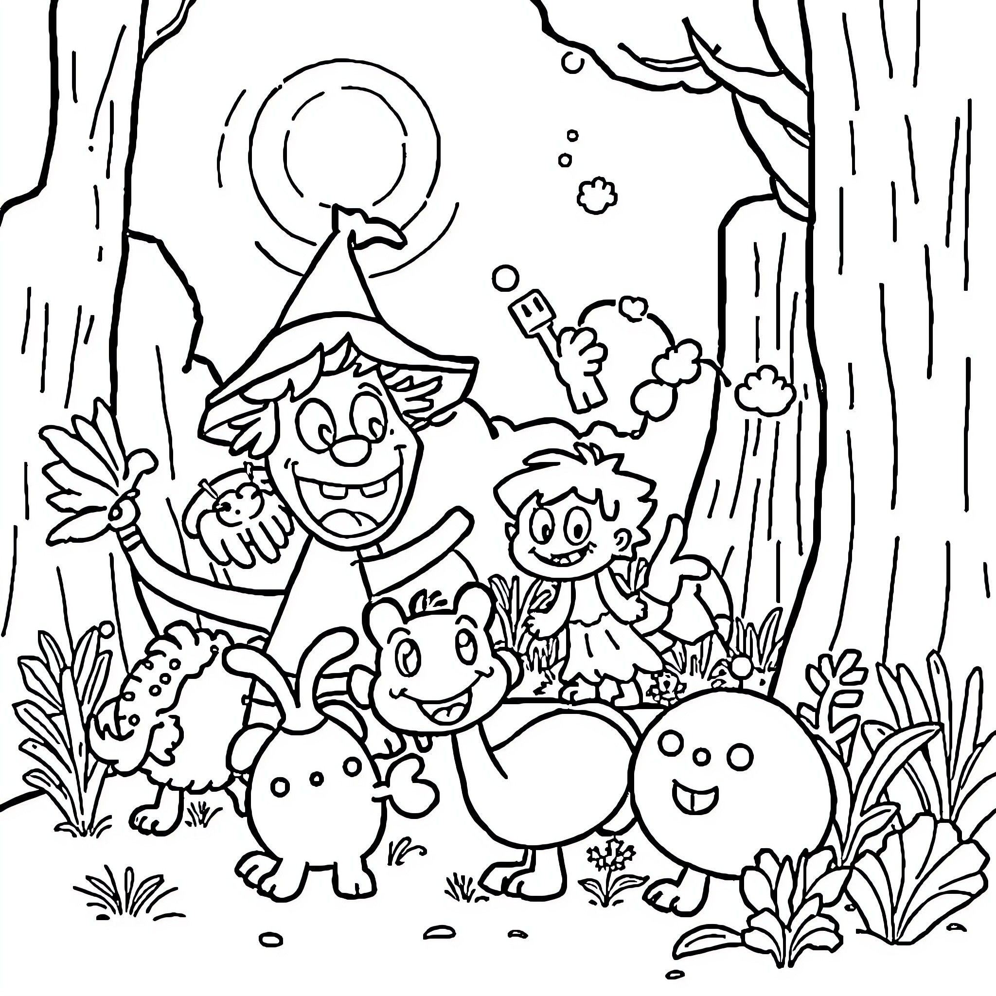 Cartoon Characters Celebrating in Magical Forest Coloring Page (free black-and-white line drawing printable PDF for all, from beginners to advanced learners, including children, teens, adults, and seniors)