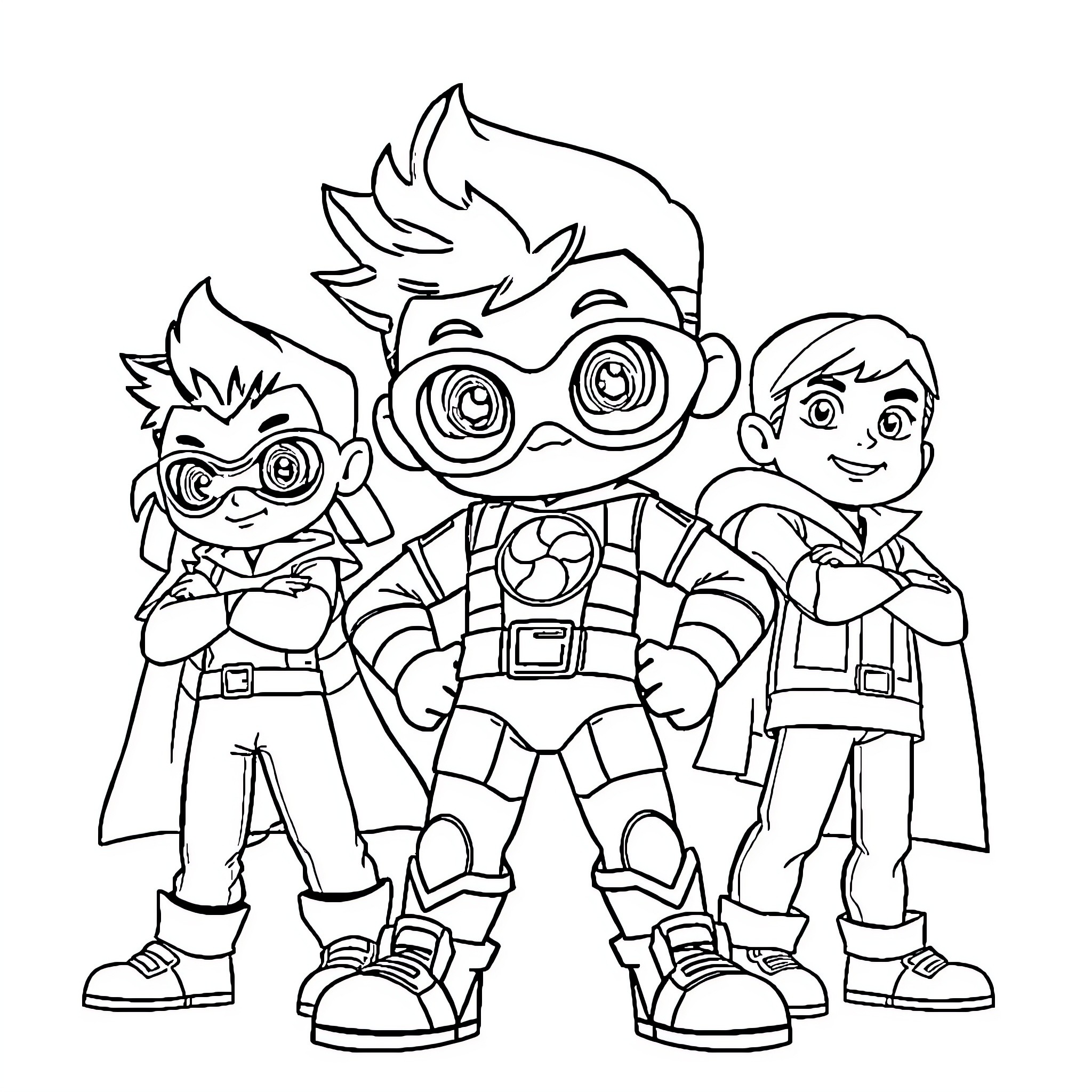 Boboiboy and friends in superhero outfits Coloring Page (free black-and-white line drawing printable PDF for all, from beginners to advanced learners, including children, teens, adults, and seniors)