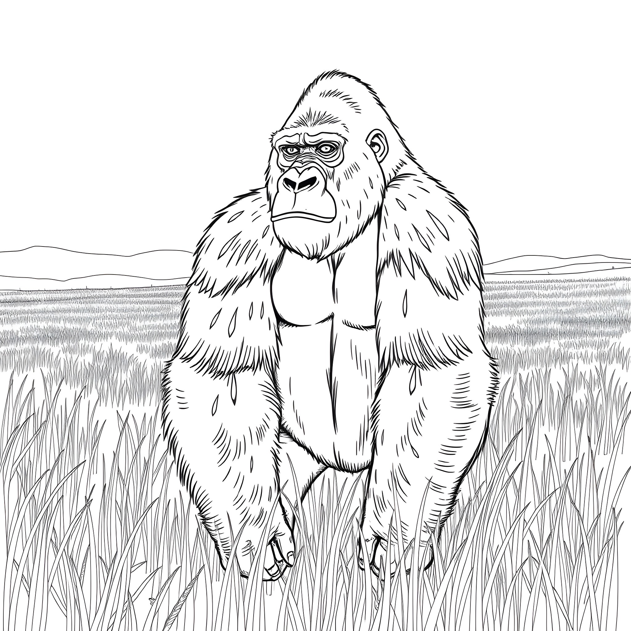 Gorilla standing alert in the grasslands Coloring Page (free black-and-white line drawing printable PDF for all, from beginners to advanced learners, including children, teens, adults, and seniors)