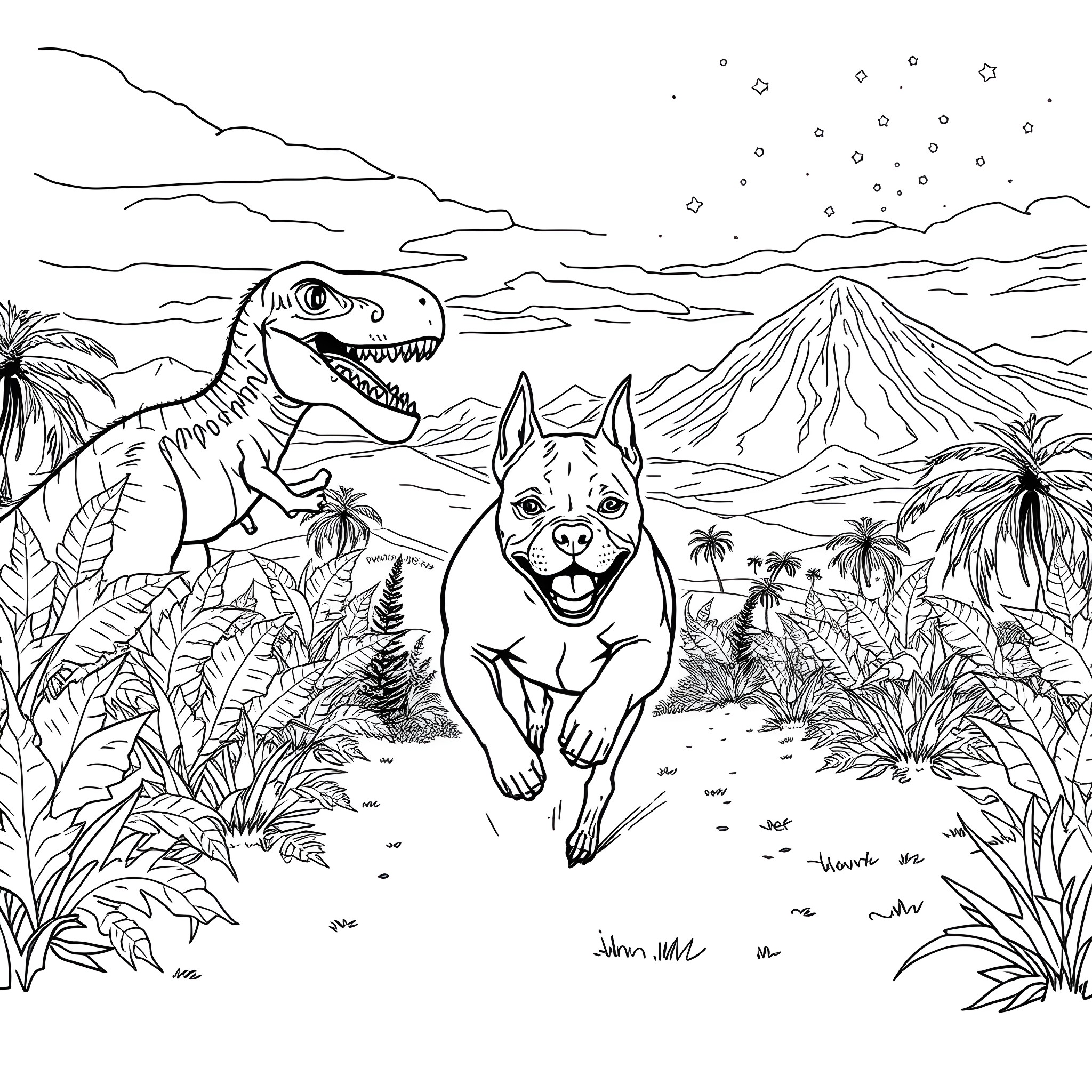 Pitbull enjoying the wilderness with a dinosaur companion Coloring Page (free black-and-white line drawing printable PDF for all, from beginners to advanced learners, including children, teens, adults, and seniors)