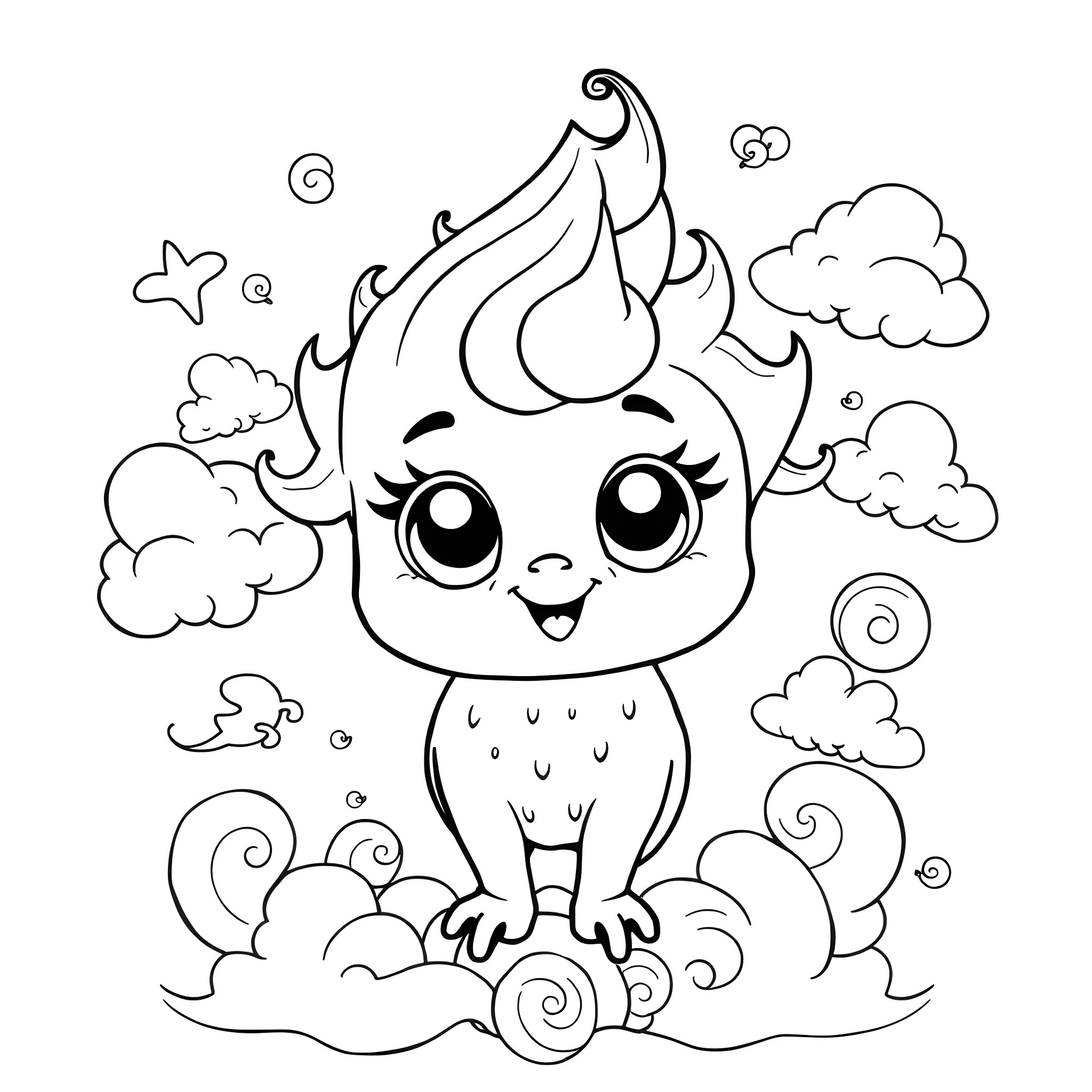 Sprunki playing with whimsical clouds Coloring Page (free black-and-white line drawing printable PDF for all, from beginners to advanced learners, including children, teens, adults, and seniors)