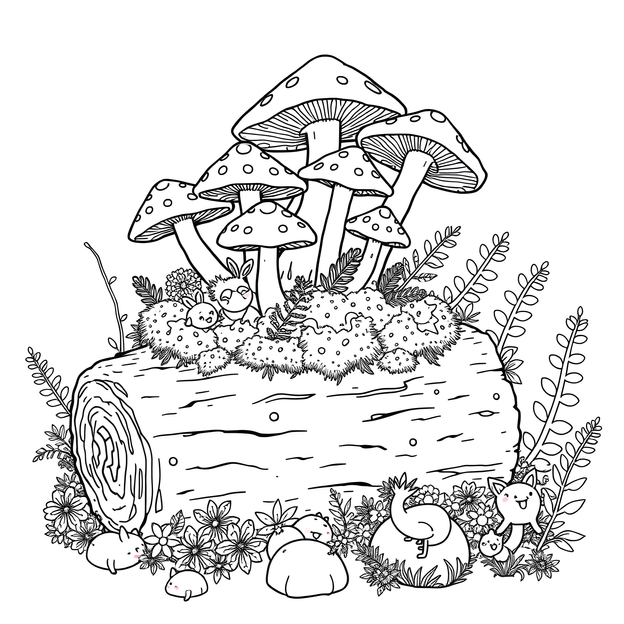 Mushroom Forest with Whimsical Creatures Coloring Page (free black-and-white line drawing printable PDF for all, from beginners to advanced learners, including children, teens, adults, and seniors)