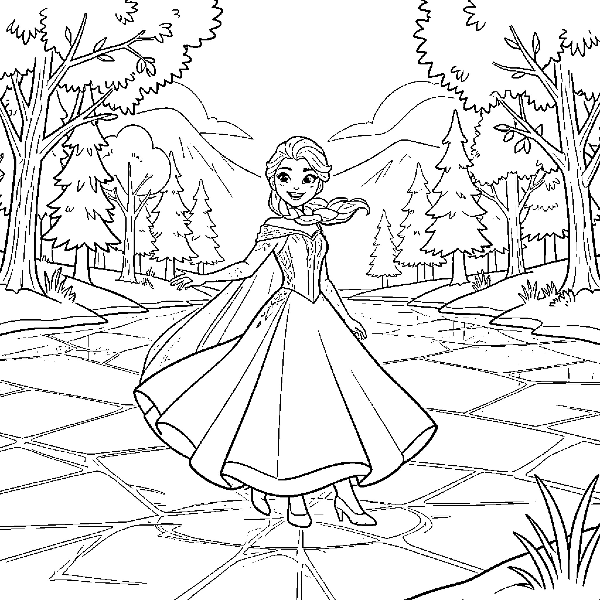 Elsa wearing a gown and standing in a forest Coloring Page (free black-and-white line drawing printable PDF for all, from beginners to advanced learners, including children, teens, adults, and seniors)