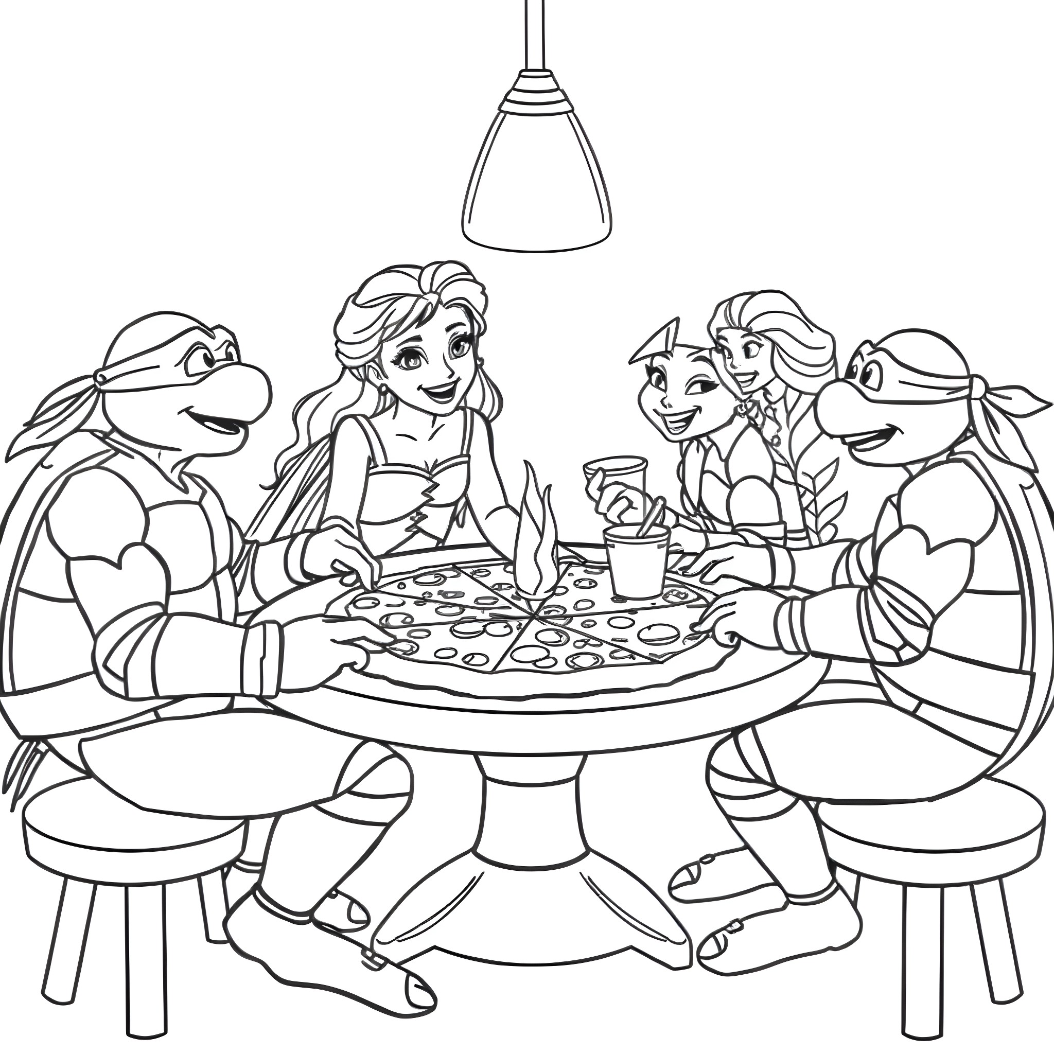 Teenage Mutant Ninja Turtles Enjoying a Slice of Pizza Together Coloring Page (free black-and-white line drawing printable PDF for all, from beginners to advanced learners, including children, teens, adults, and seniors)