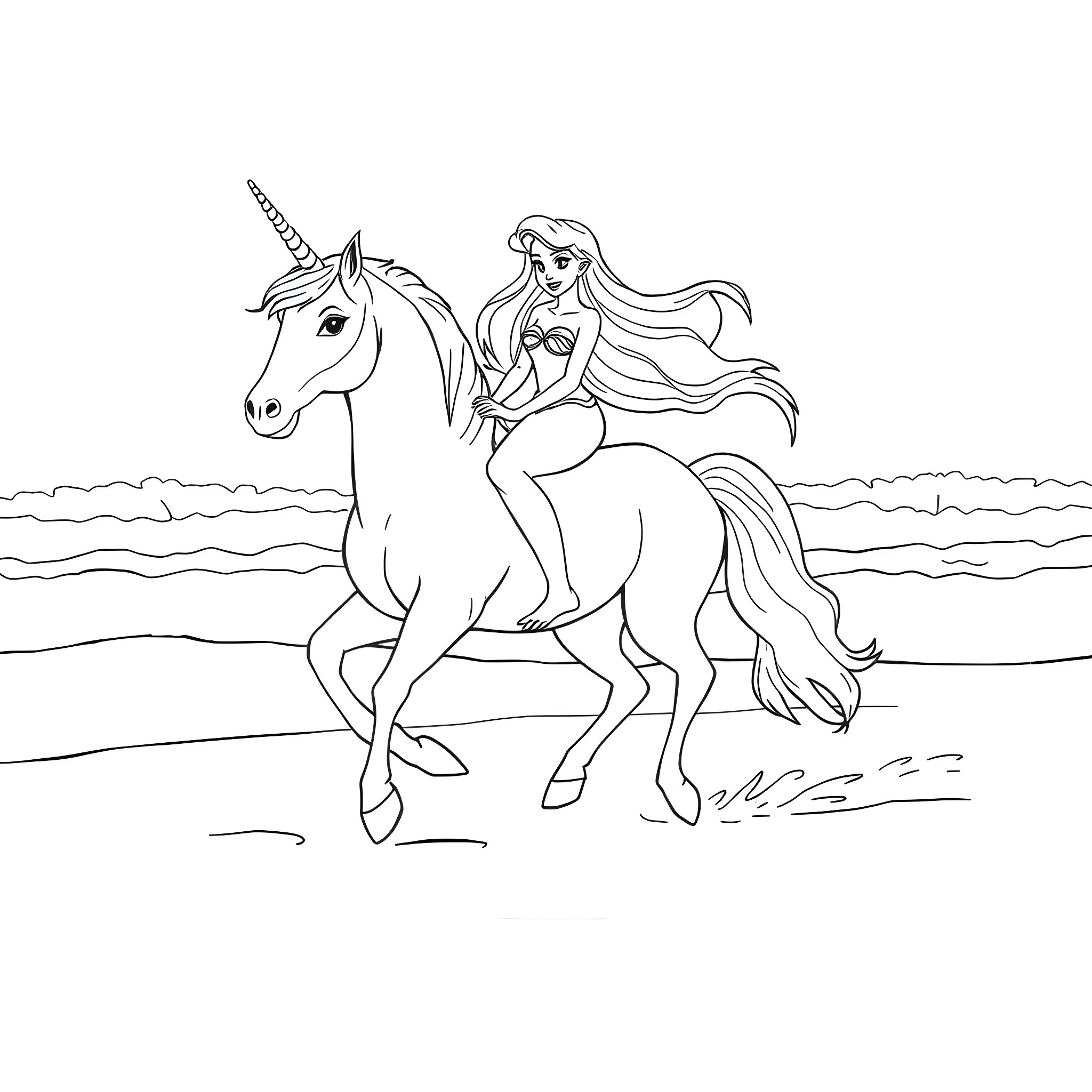 Ariel riding a unicorn along the beach Coloring Page (free black-and-white line drawing printable PDF for all, from beginners to advanced learners, including children, teens, adults, and seniors)