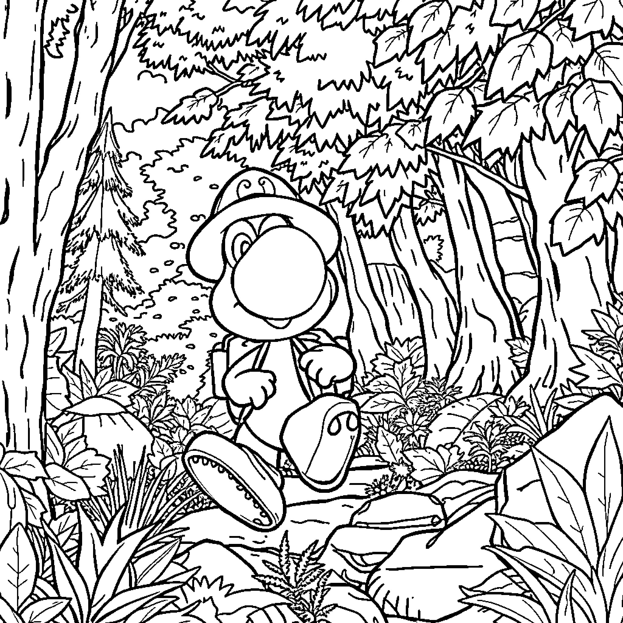 Yoshi's Relaxing Adventure in the Verdant Forest Coloring Page (free black-and-white line drawing printable PDF for all, from beginners to advanced learners, including children, teens, adults, and seniors)