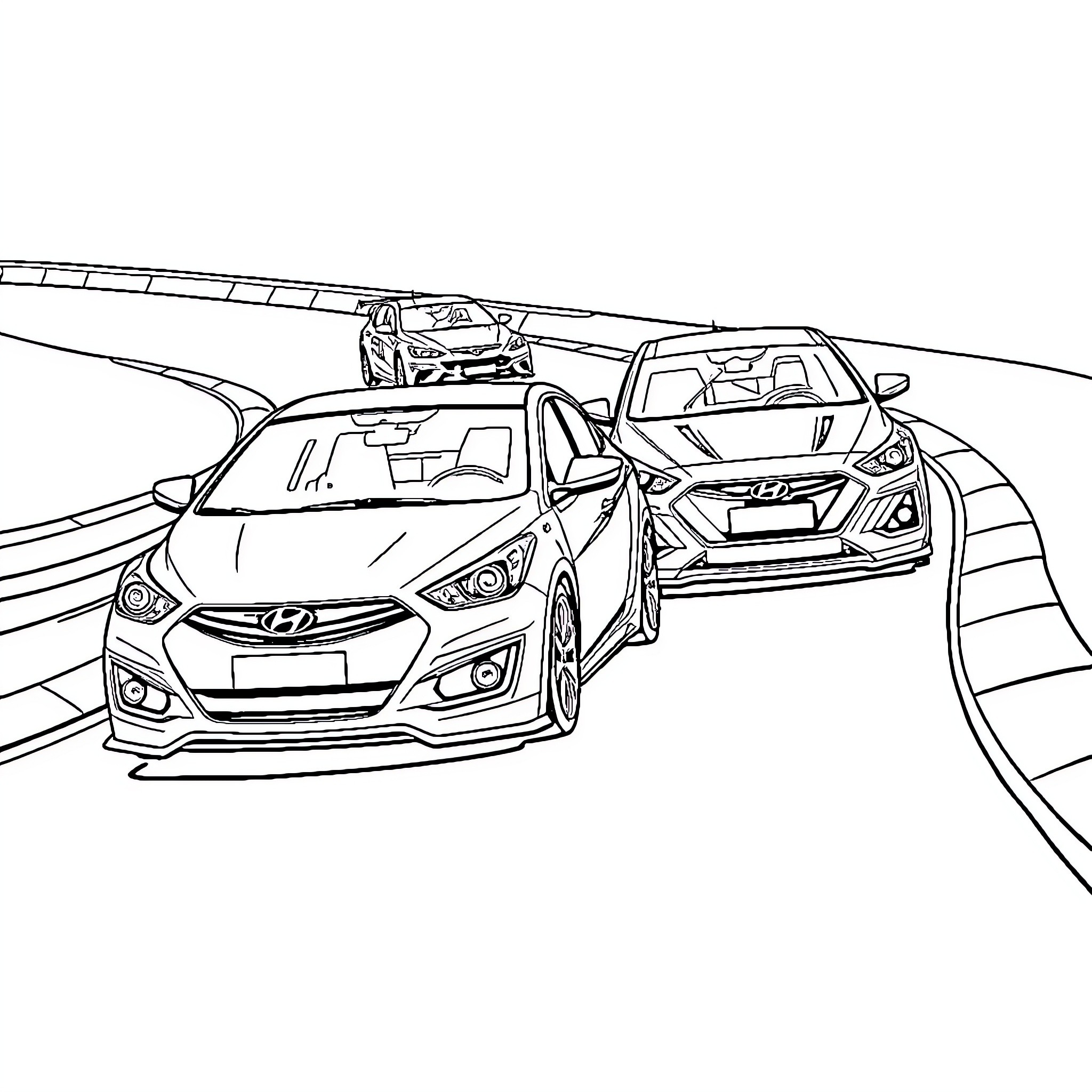 Hyundai race cars speeding on the track Coloring Page (free black-and-white line drawing printable PDF for all, from beginners to advanced learners, including children, teens, adults, and seniors)