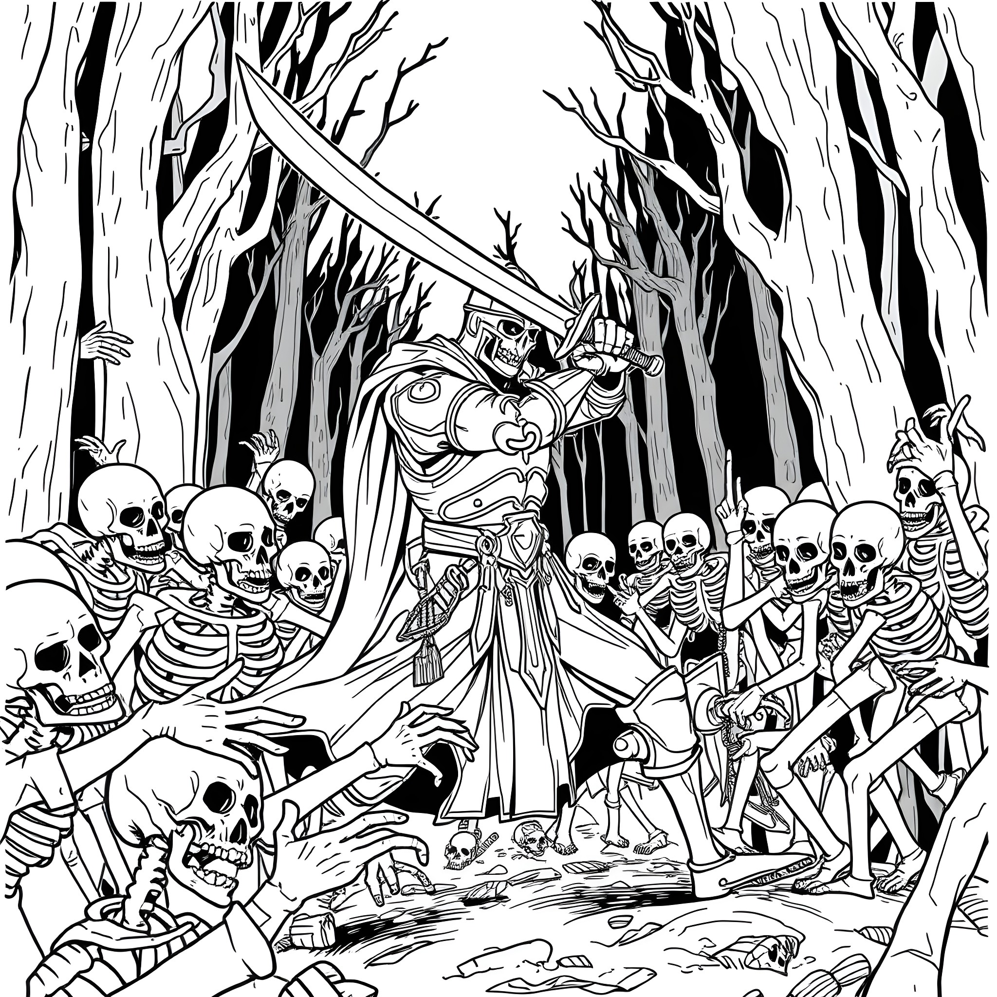 Knight Battles Skeleton Warriors in Haunted Forest Coloring Page (free black-and-white line drawing printable PDF for all, from beginners to advanced learners, including children, teens, adults, and seniors)
