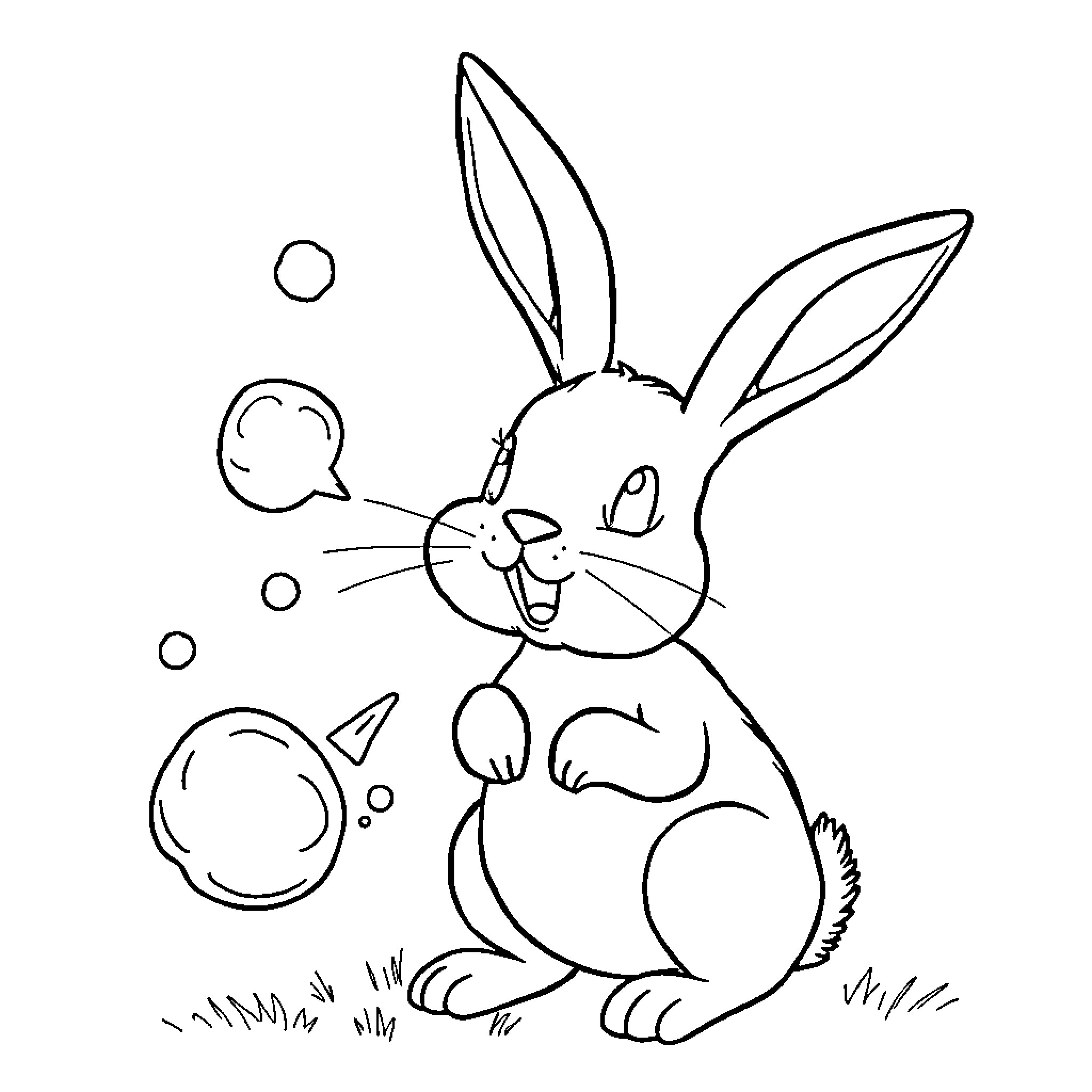 Bunny Blowing Bubbles in the Garden Coloring Page (free black-and-white line drawing printable PDF for all, from beginners to advanced learners, including children, teens, adults, and seniors)