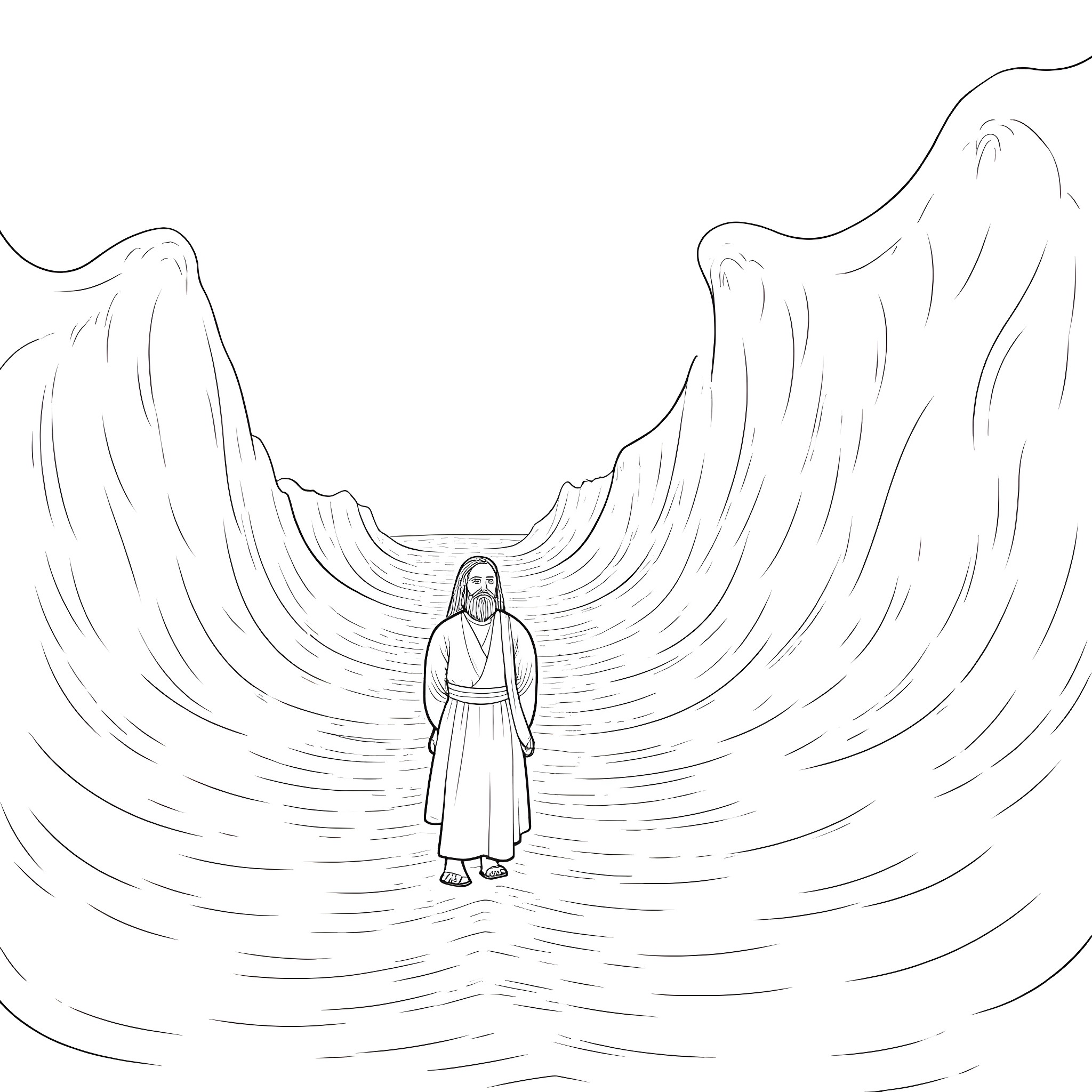 Moses parting the sea with his staff Coloring Page (free black-and-white line drawing printable PDF for all, from beginners to advanced learners, including children, teens, adults, and seniors)