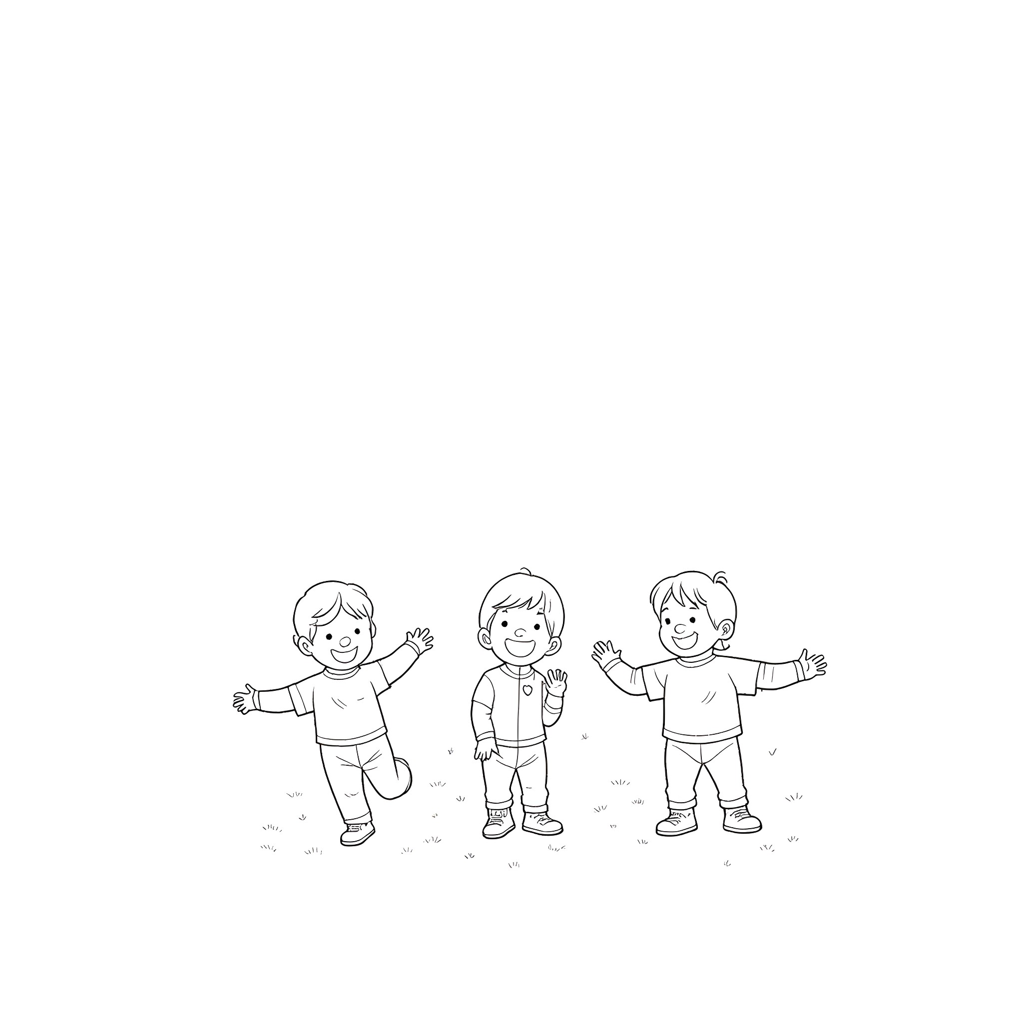 Toddlers playing and exploring in the outdoors Coloring Page (free black-and-white line drawing printable PDF for all, from beginners to advanced learners, including children, teens, adults, and seniors)