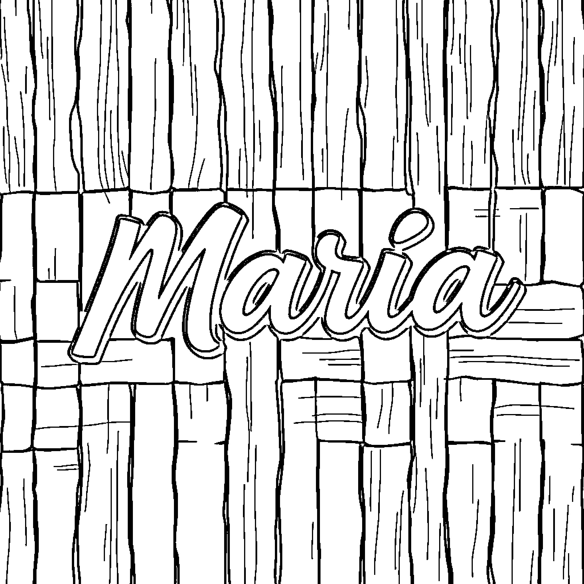 Maria exploring a wooden background Coloring Page (free black-and-white line drawing printable PDF for all, from beginners to advanced learners, including children, teens, adults, and seniors)