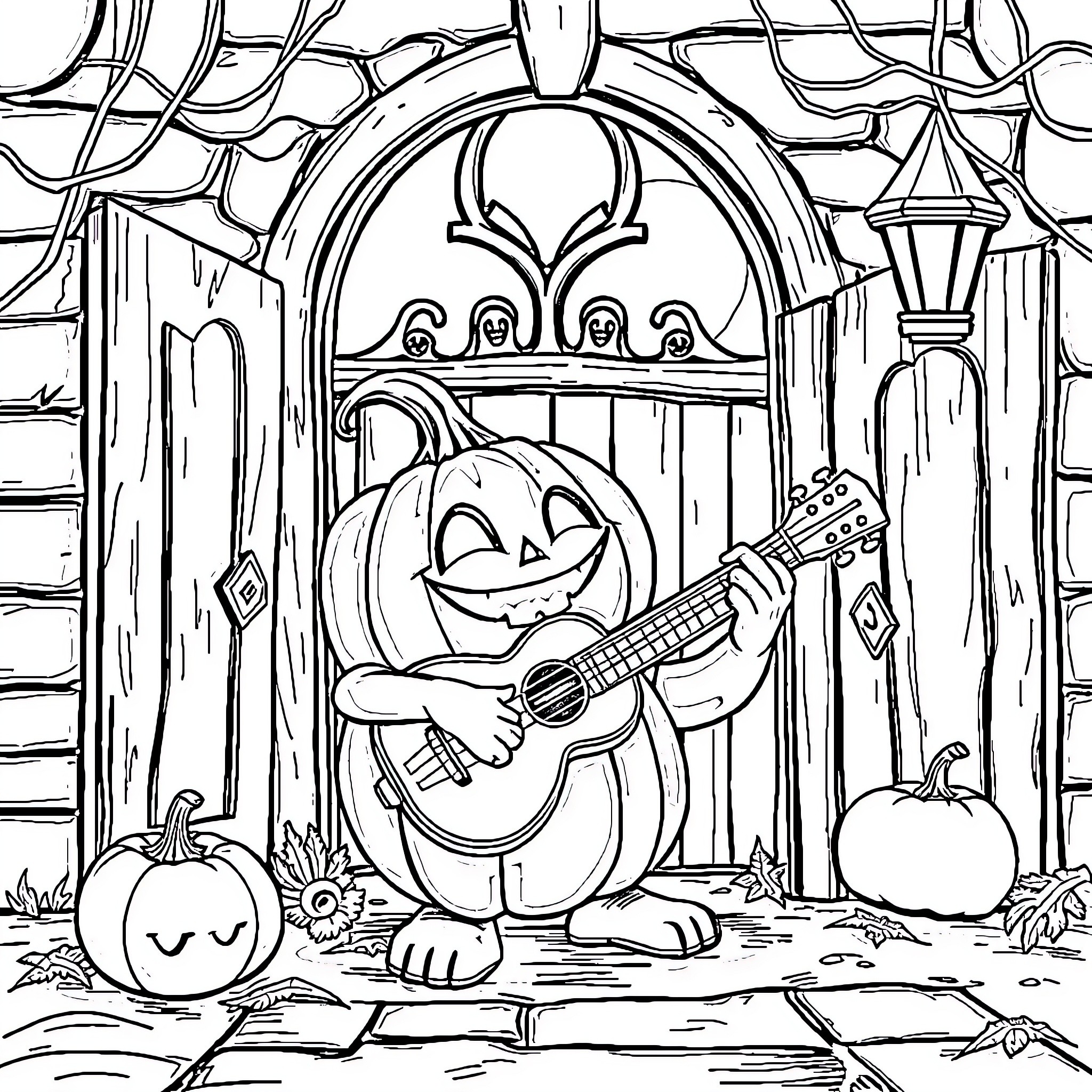 Pumpkin playing guitar in spooky Halloween setting Coloring Page (free black-and-white line drawing printable PDF for all, from beginners to advanced learners, including children, teens, adults, and seniors)