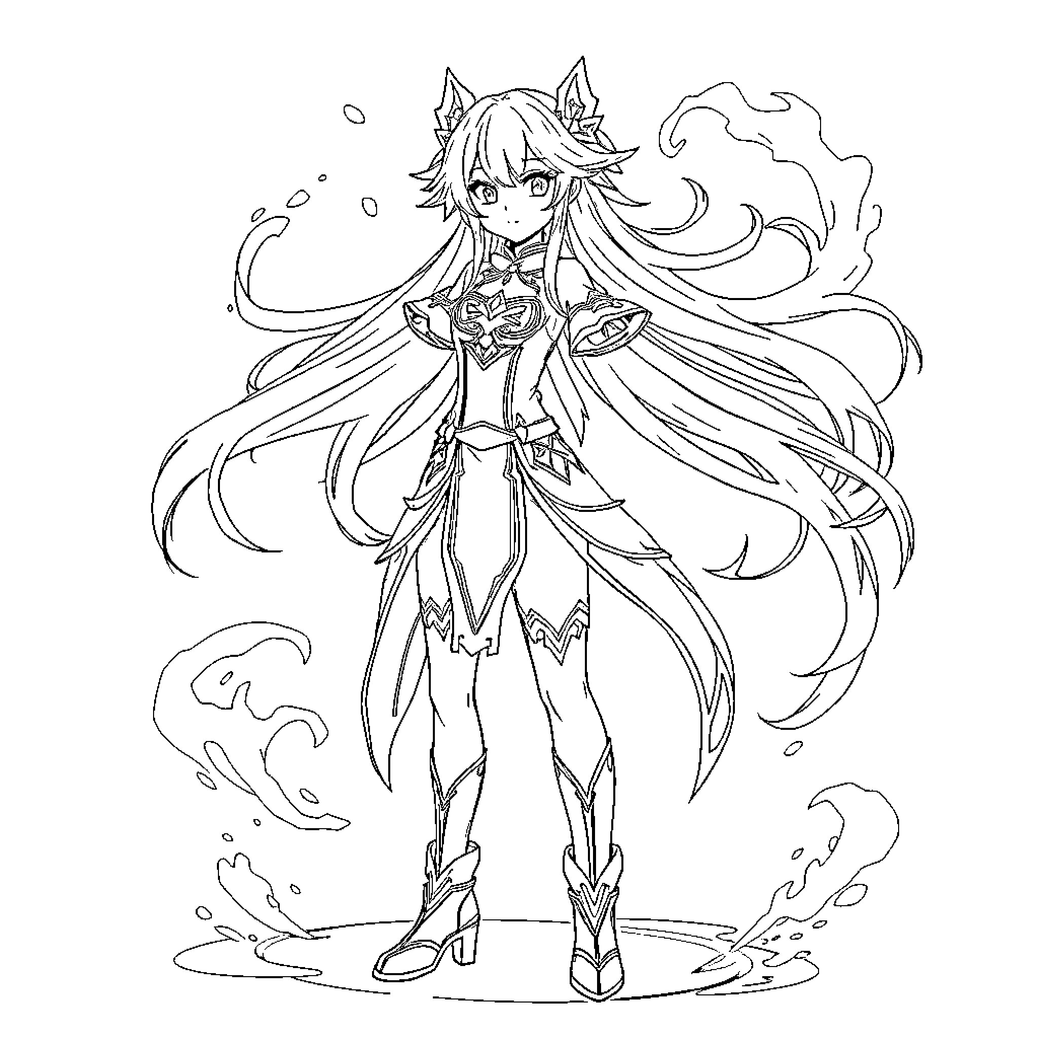 Furina's Mystical Transformation Coloring Page (free black-and-white line drawing printable PDF for all, from beginners to advanced learners, including children, teens, adults, and seniors)