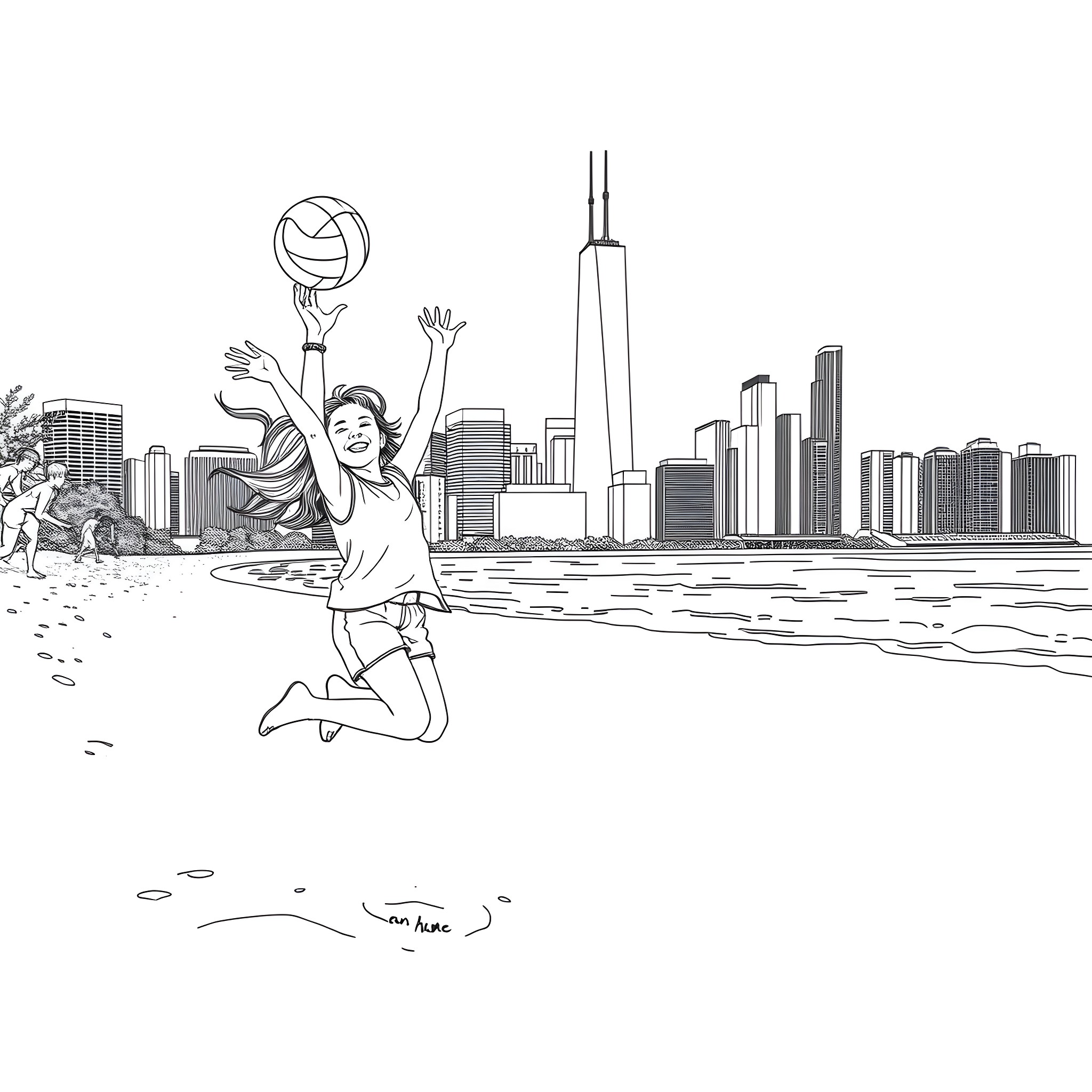 Girl playing with volleyball by the city skyline Coloring Page (free black-and-white line drawing printable PDF for all, from beginners to advanced learners, including children, teens, adults, and seniors)