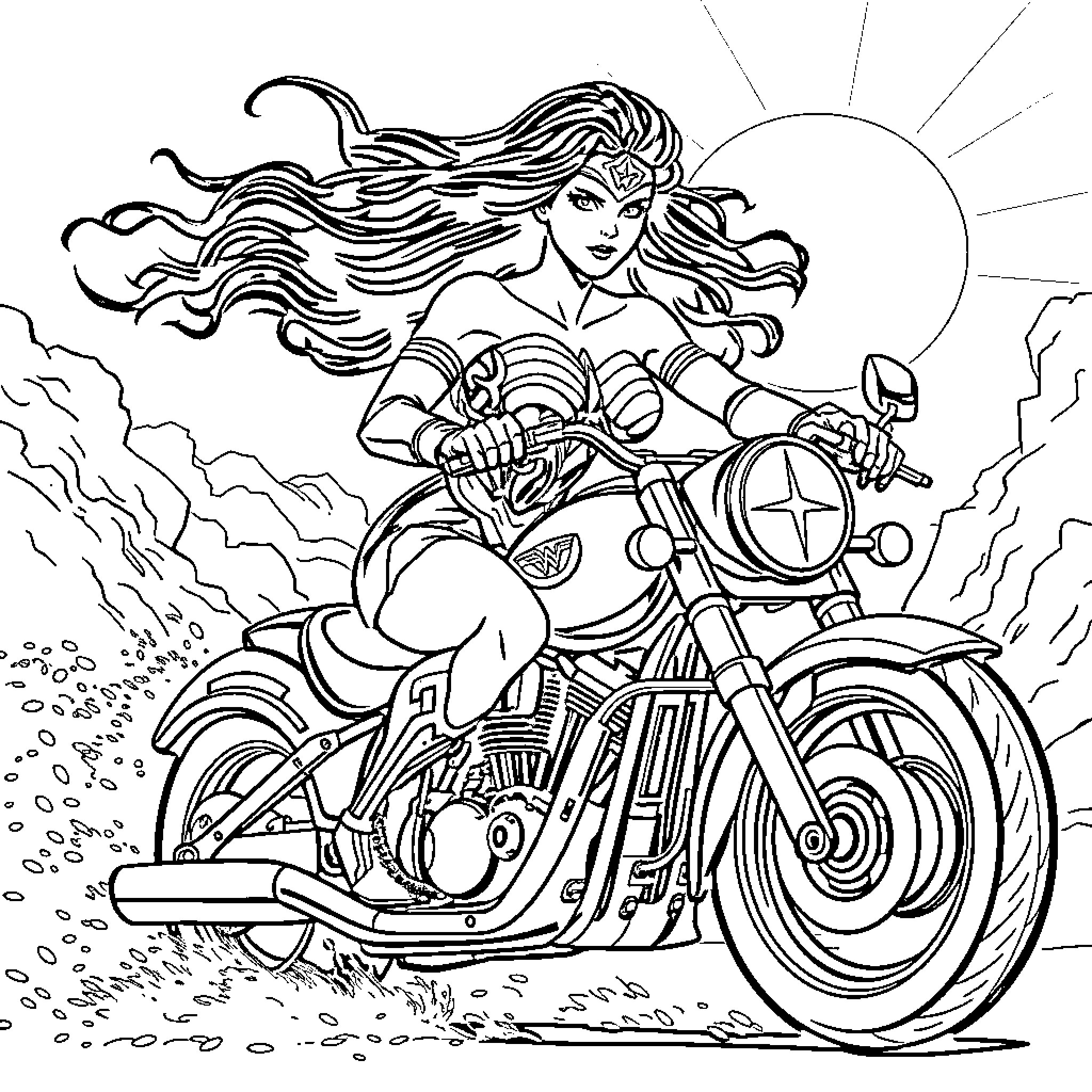 Wonder Woman riding a motorcycle with fierce determination Coloring Page (free black-and-white line drawing printable PDF for all, from beginners to advanced learners, including children, teens, adults, and seniors)