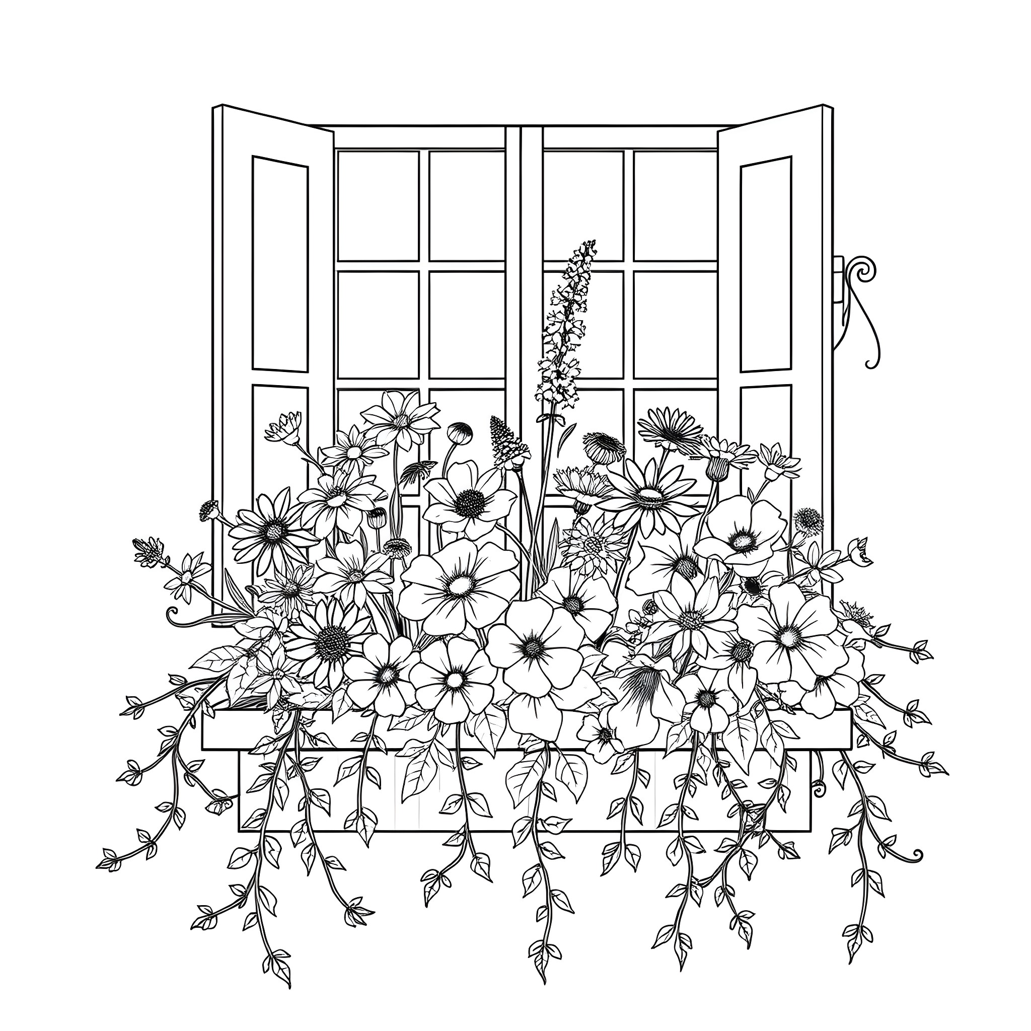 Flower-filled window with blooming plants Coloring Page (free black-and-white line drawing printable PDF for all, from beginners to advanced learners, including children, teens, adults, and seniors)