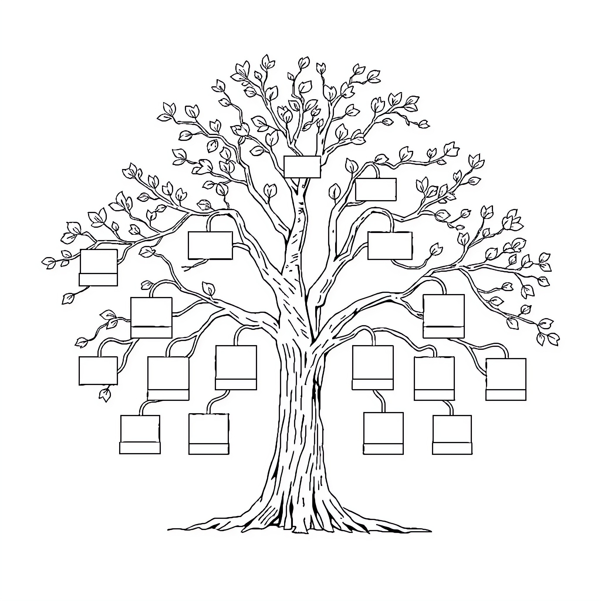 Family Tree with Blank Photo Frames Coloring Page (free black-and-white line drawing printable PDF for all, from beginners to advanced learners, including children, teens, adults, and seniors)