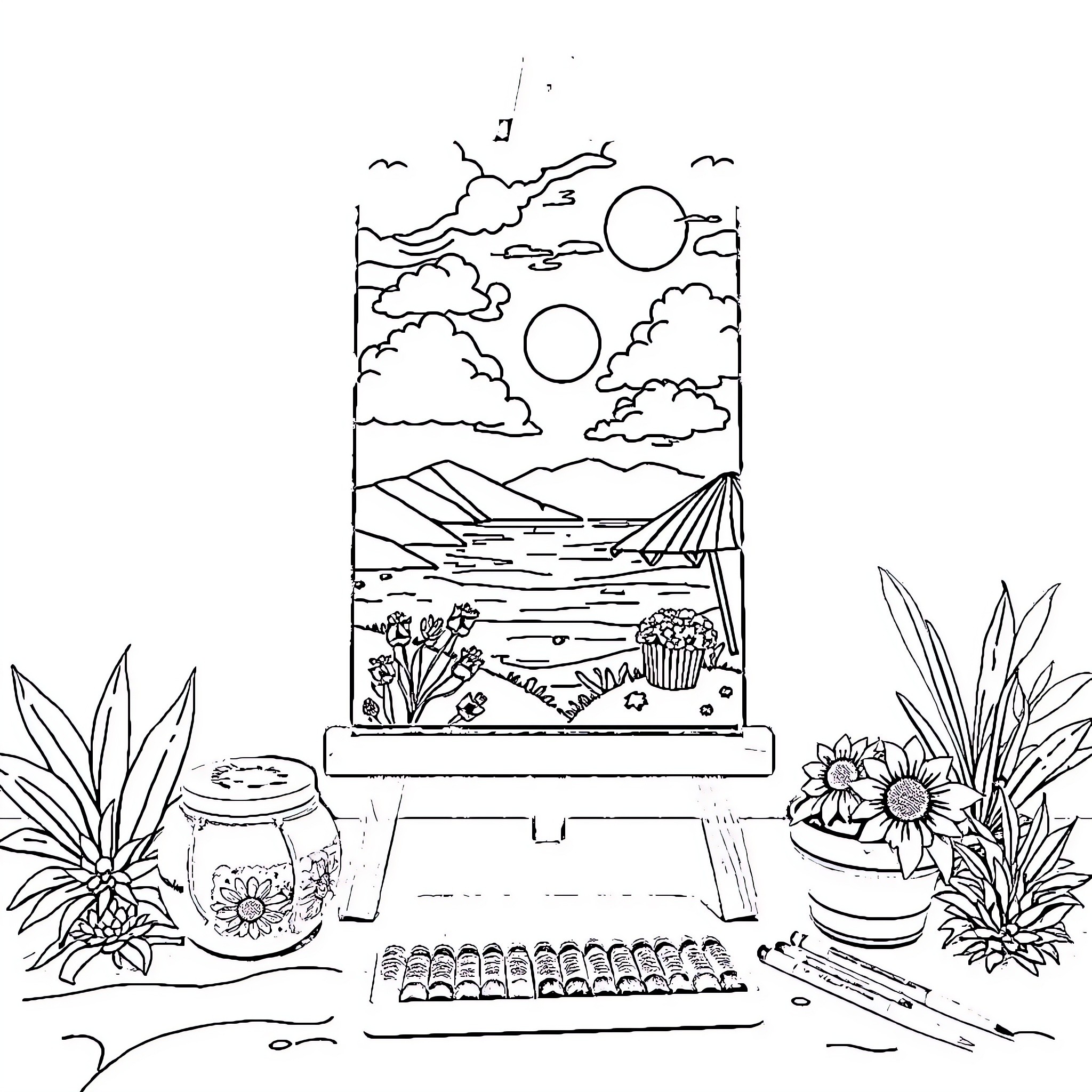 Summer creative workspace with natural scenery Coloring Page (free black-and-white line drawing printable PDF for all, from beginners to advanced learners, including children, teens, adults, and seniors)