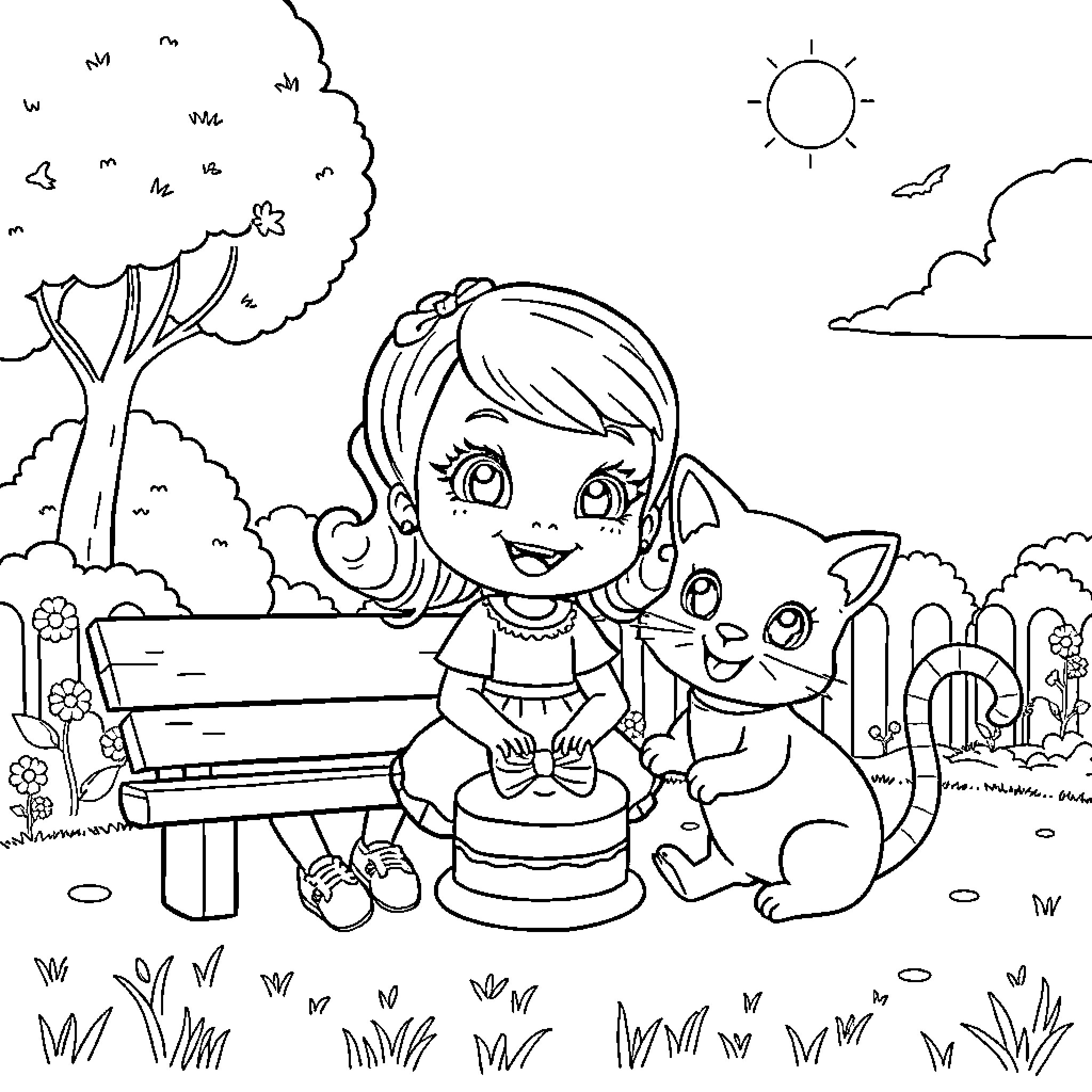 Gabby and her friendly pet explore the park Coloring Page (free black-and-white line drawing printable PDF for all, from beginners to advanced learners, including children, teens, adults, and seniors)