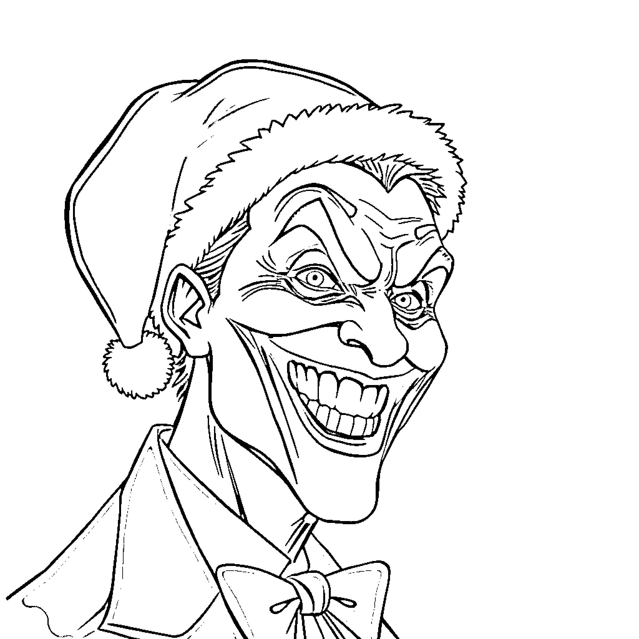 Joker's Sinister Grin in Winter Attire Coloring Page (free black-and-white line drawing printable PDF for all, from beginners to advanced learners, including children, teens, adults, and seniors)