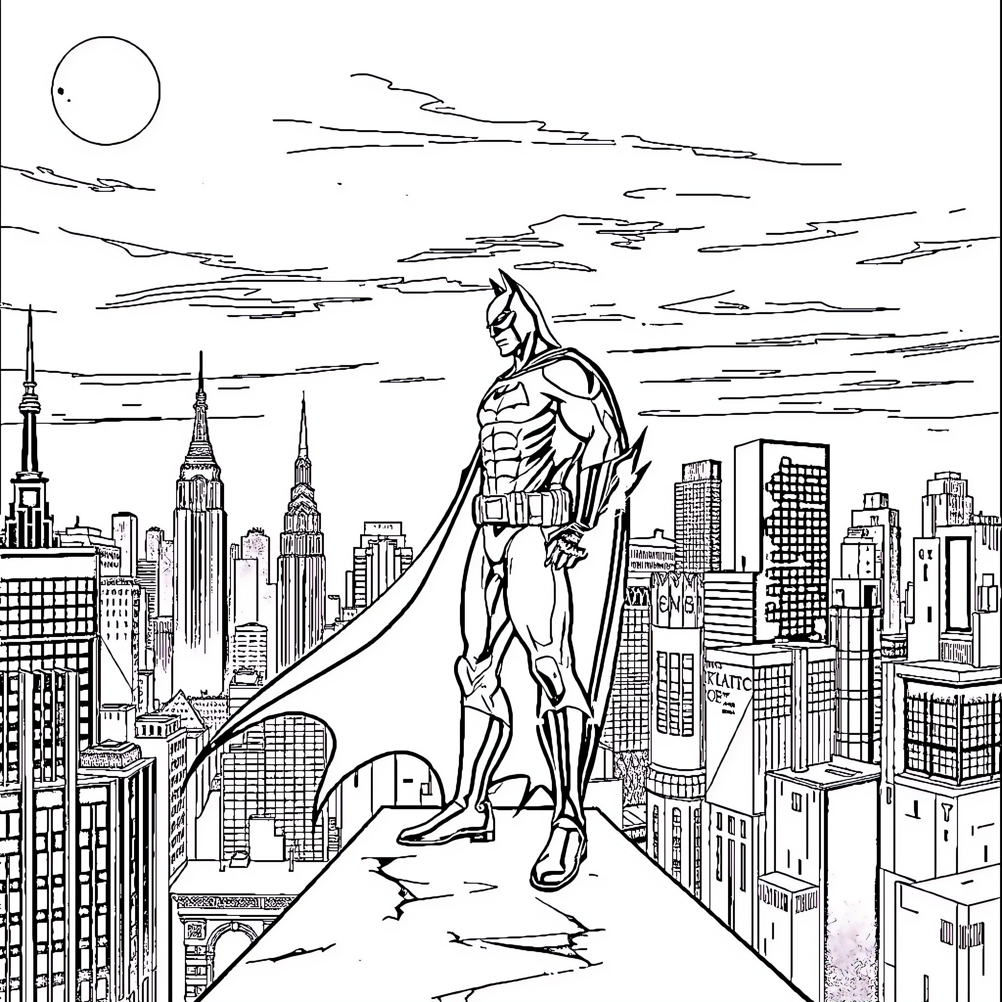 Batman overlooking the city skyline Coloring Page (free black-and-white line drawing printable PDF for all, from beginners to advanced learners, including children, teens, adults, and seniors)