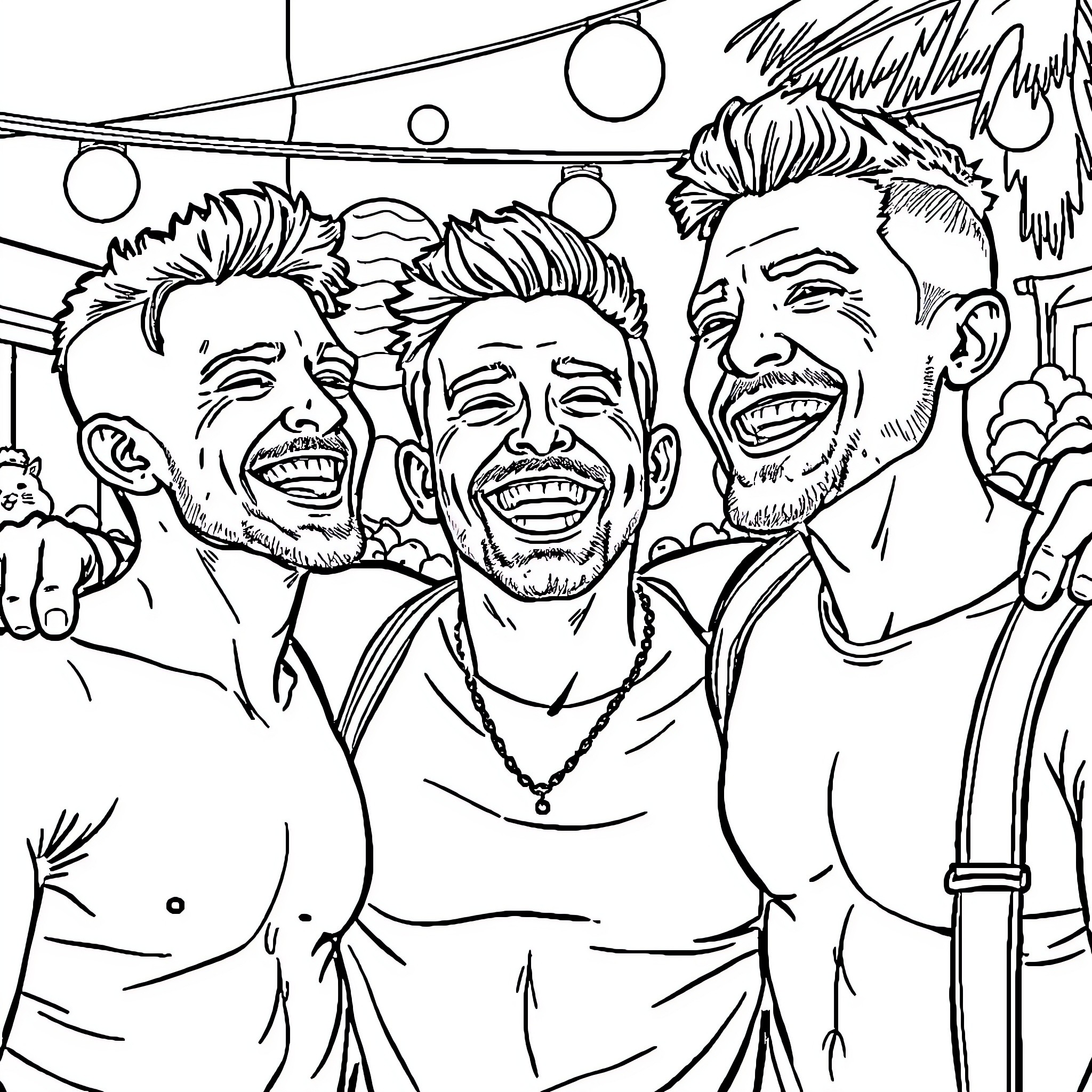 Gay Men Celebrating Joyfully at a Party Coloring Page (free black-and-white line drawing printable PDF for all, from beginners to advanced learners, including children, teens, adults, and seniors)