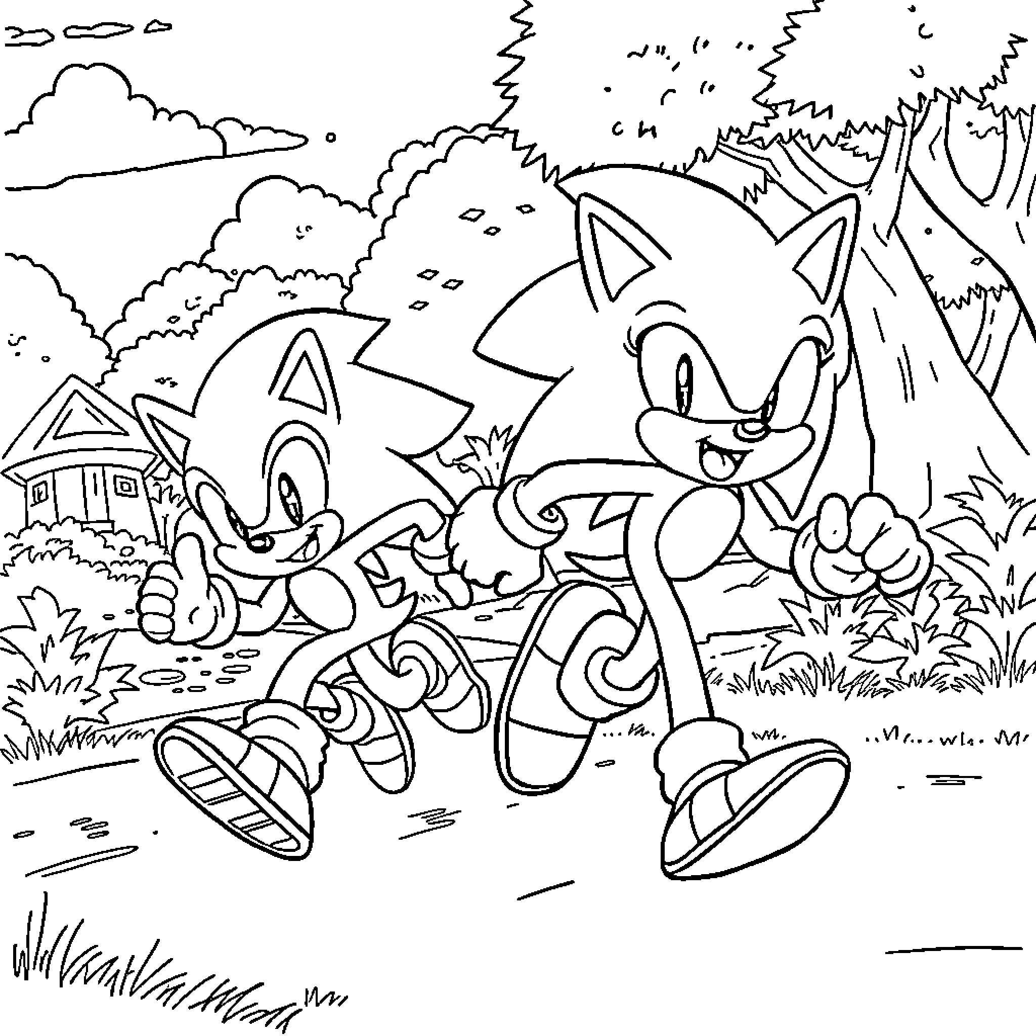 Sonic characters in nature adventure Coloring Page (free black-and-white line drawing printable PDF for all, from beginners to advanced learners, including children, teens, adults, and seniors)