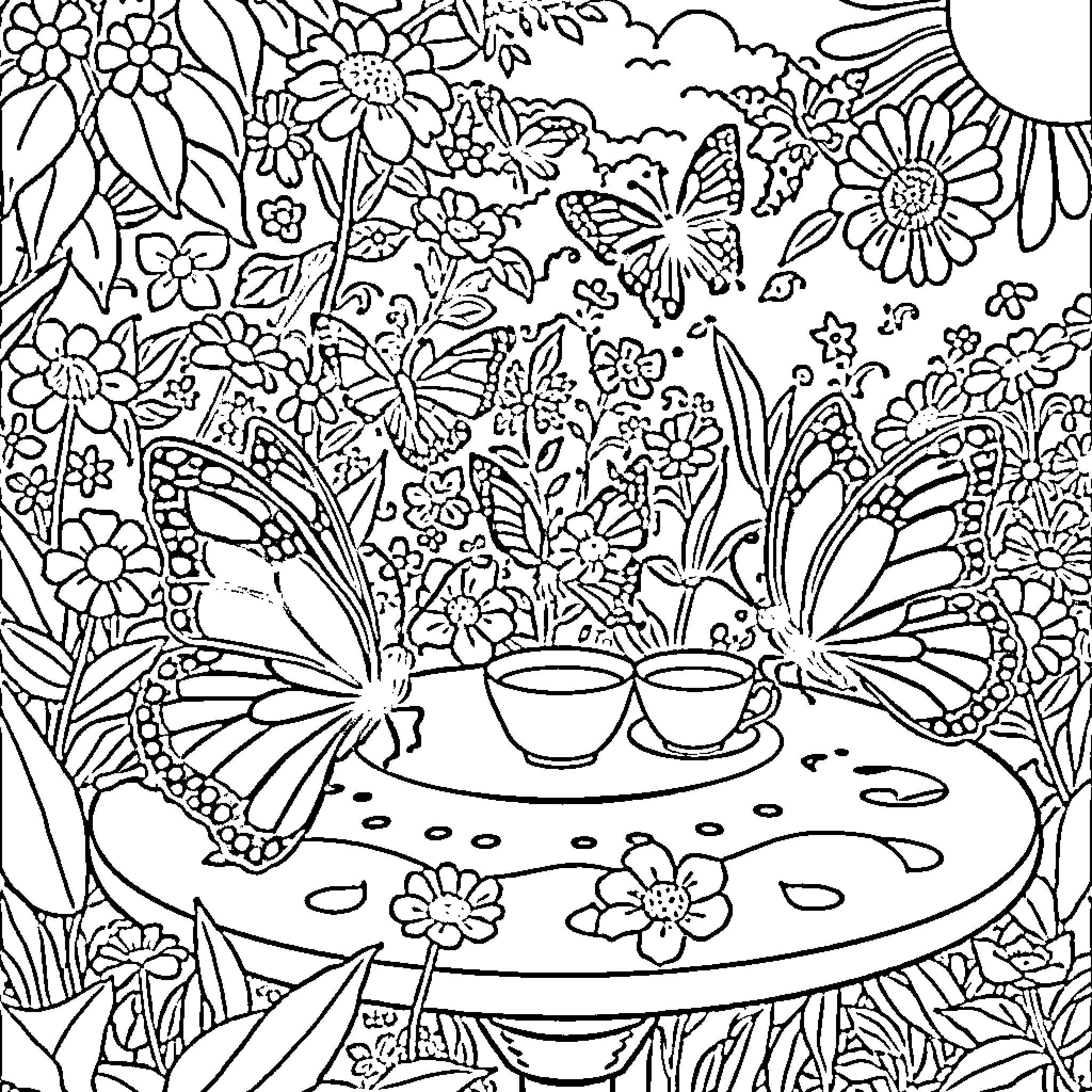 Butterfly Fluttering Amidst Vibrant Floral Arrangement Coloring Page (free black-and-white line drawing printable PDF for all, from beginners to advanced learners, including children, teens, adults, and seniors)