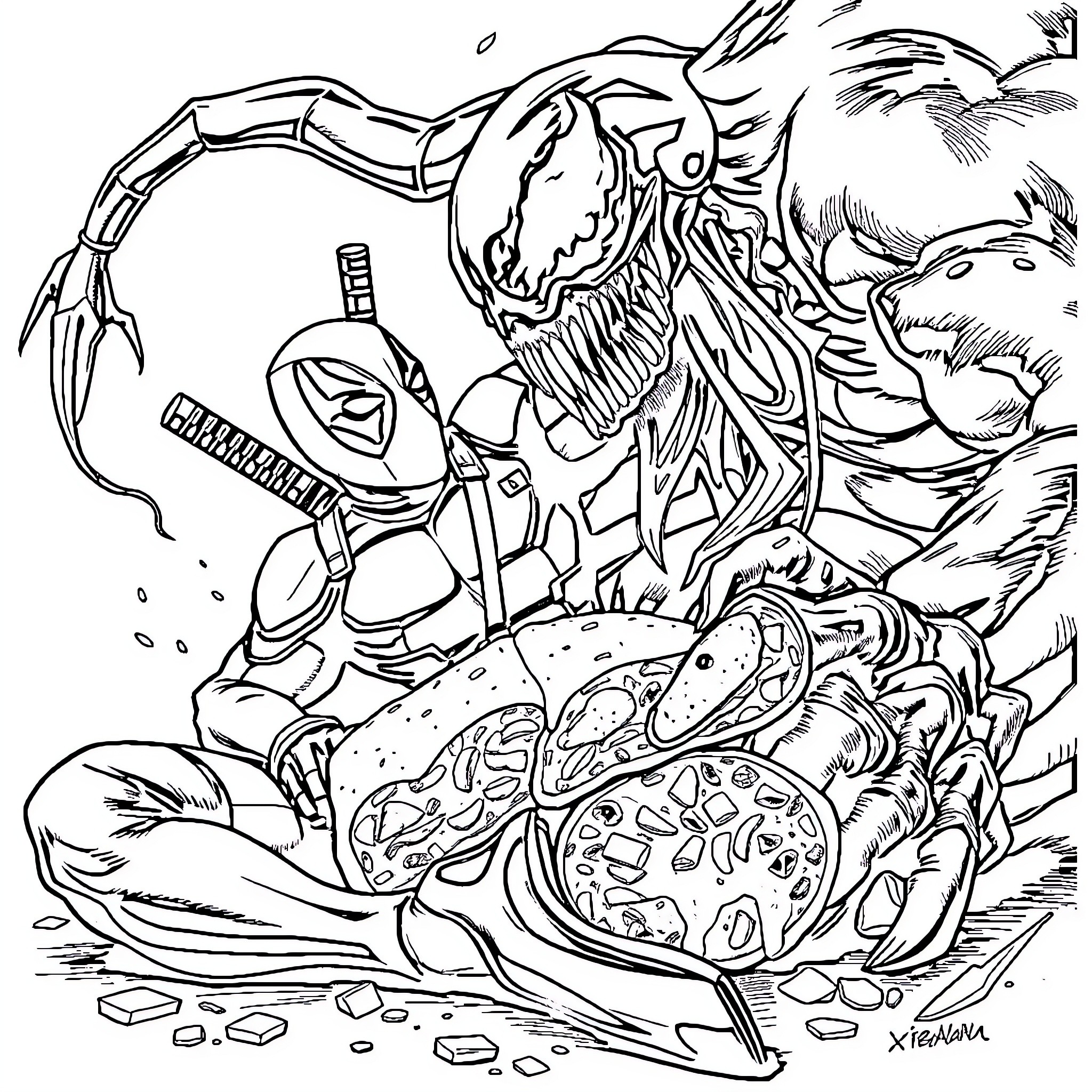 Deadpool battles a monstrous creature amidst chaos Coloring Page (free black-and-white line drawing printable PDF for all, from beginners to advanced learners, including children, teens, adults, and seniors)