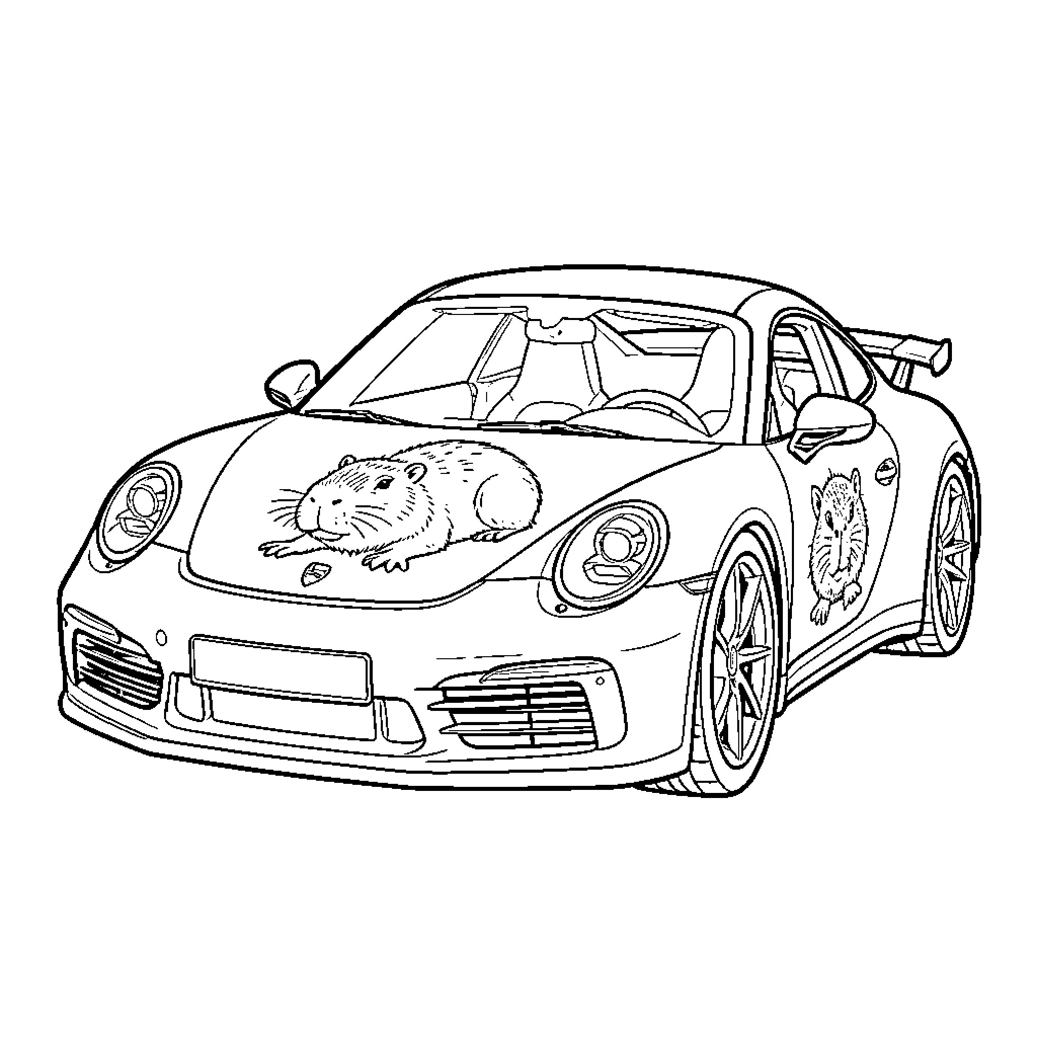 Porsche decorated with cute rodent illustrations Coloring Page (free black-and-white line drawing printable PDF for all, from beginners to advanced learners, including children, teens, adults, and seniors)