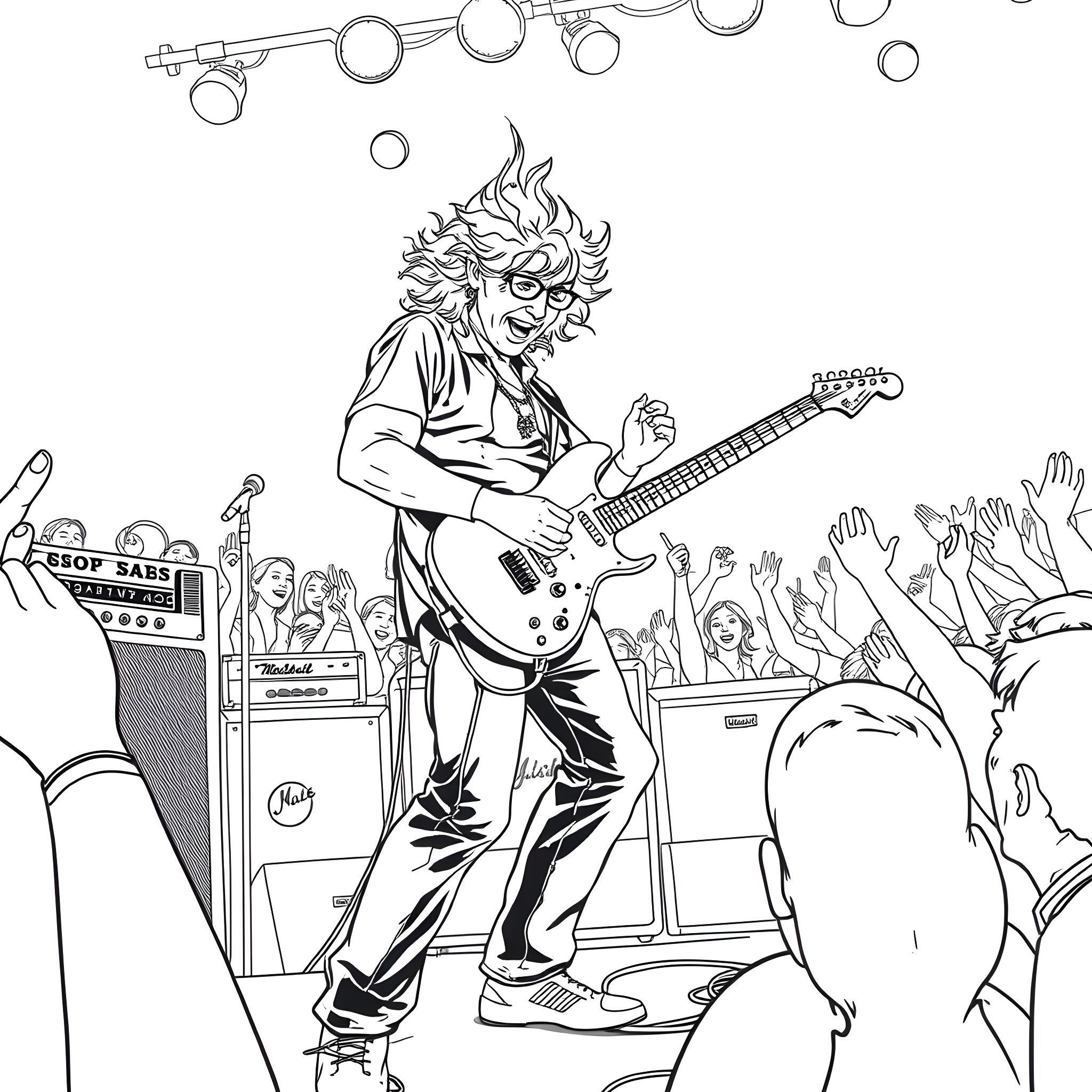 Saul Hudson performing on stage with electric guitar Coloring Page (free black-and-white line drawing printable PDF for all, from beginners to advanced learners, including children, teens, adults, and seniors)